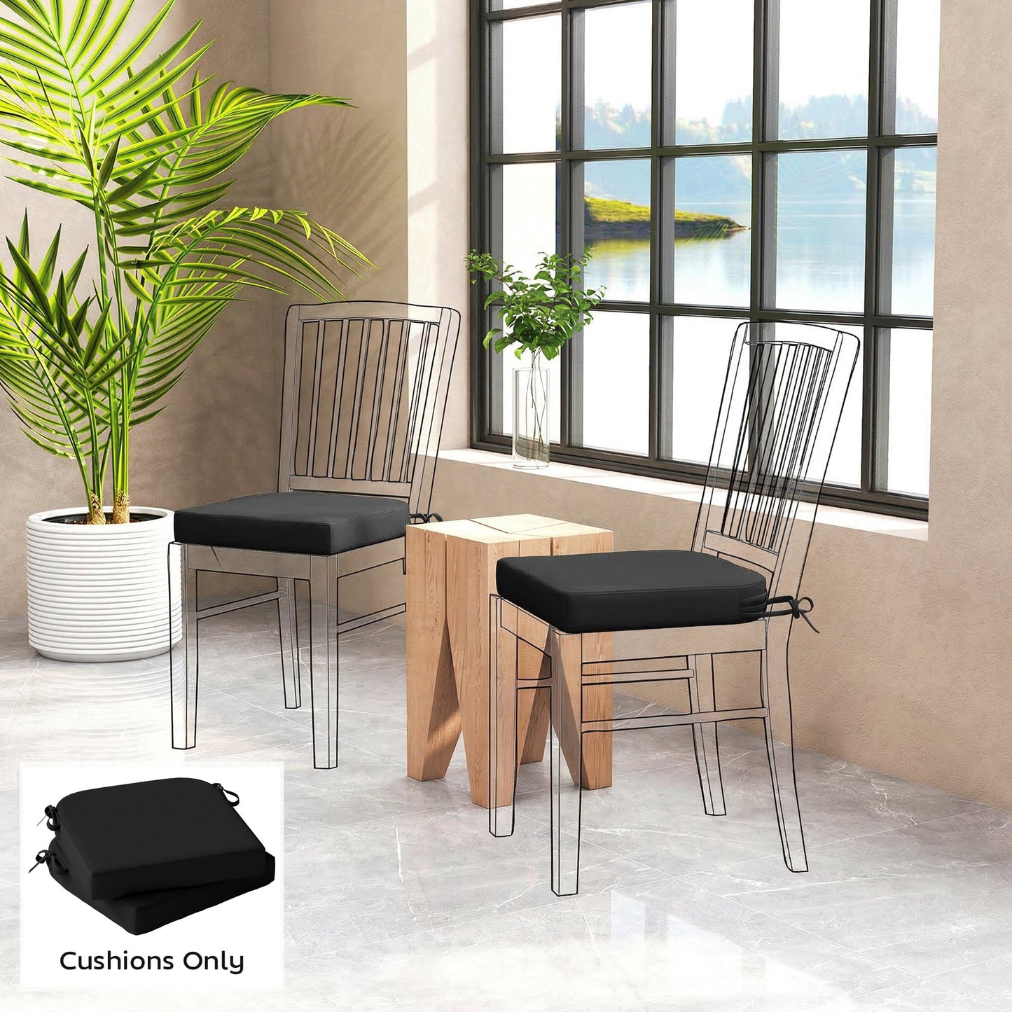 Outdoor Chair Seat Cushions Set of 2, Garden Chair Cushions with 7cm Thick Foam & Ties, Water Repellent and UV Resistant Covers for Patio Furniture 40x40cm, Black