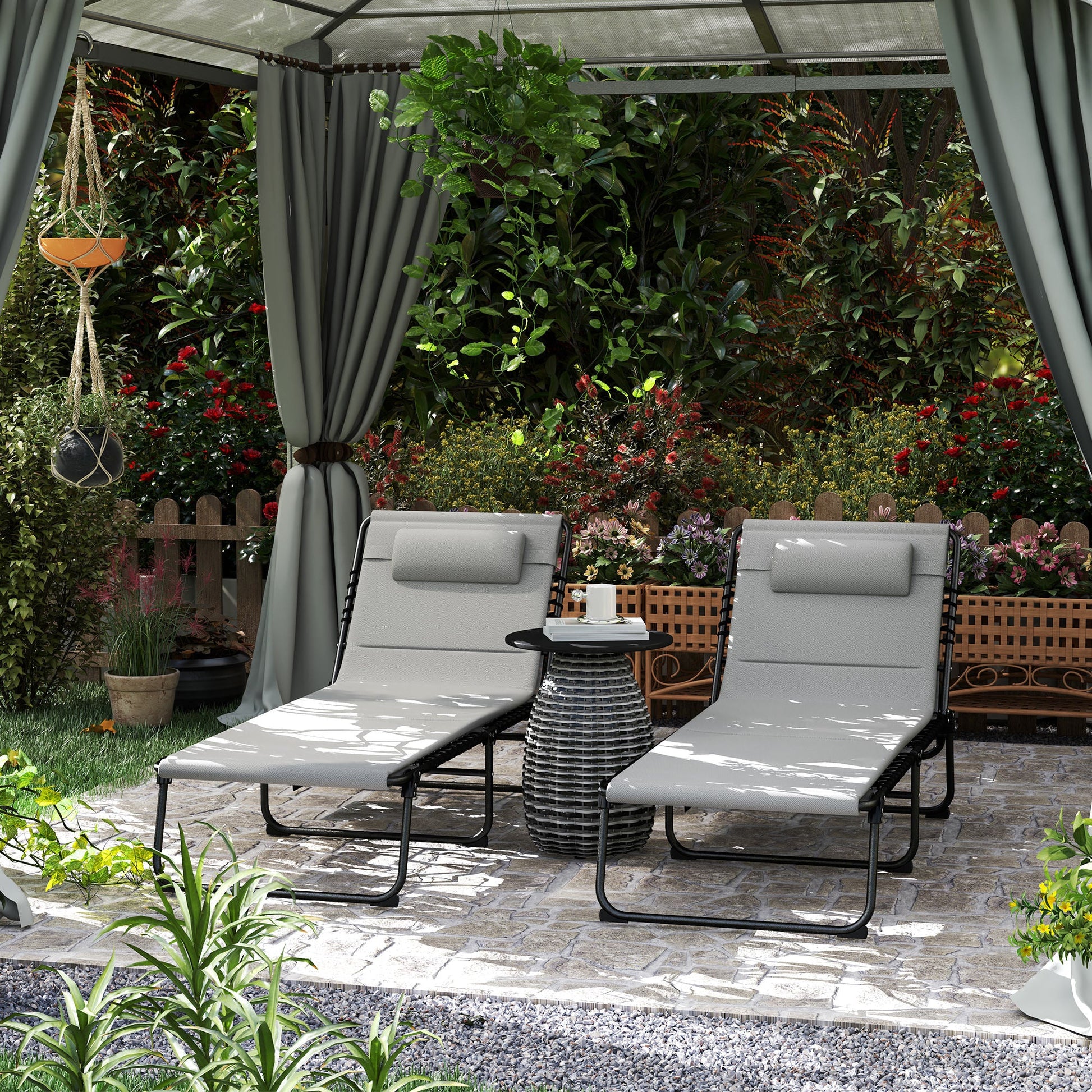 Folding Sun Loungers Set of 2, Recliner Garden Chairs with Quick Drying Pad Headrest Side Pocket, Garden Sun Loungers for Beach Pool, Light Grey