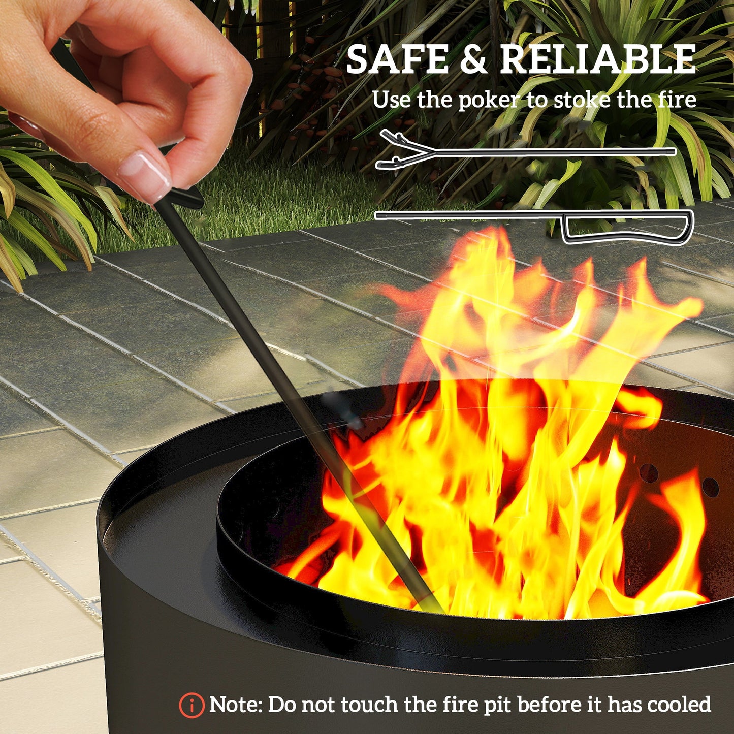 Outdoor Round Smokeless Fire Pit with Ash Tray, Wood Burning Firepit with Fire Poker for Patio Bonfire BBQ Camping, Black