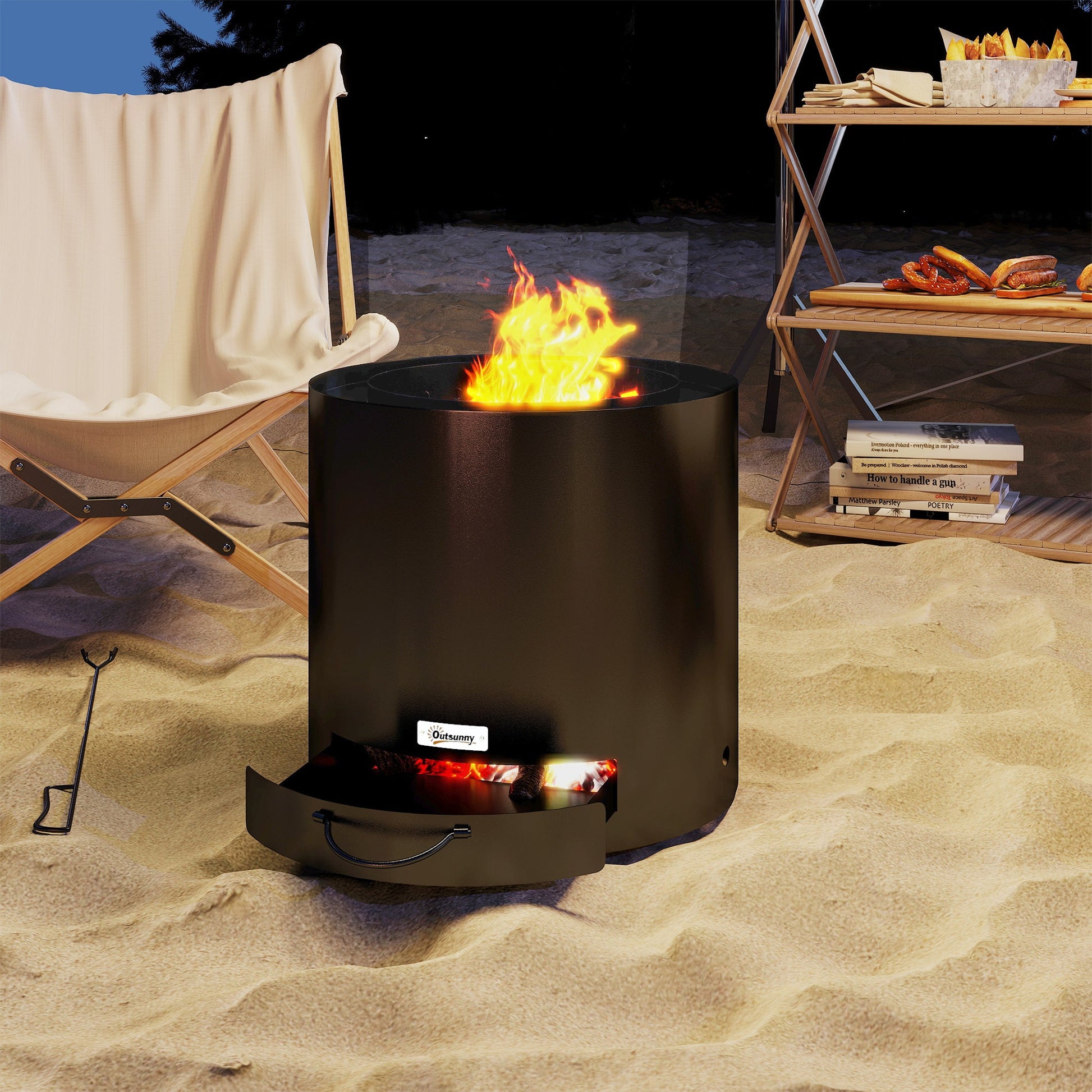 Outdoor Round Smokeless Fire Pit with Ash Tray, Wood Burning Firepit with Fire Poker for Patio Bonfire BBQ Camping, Black