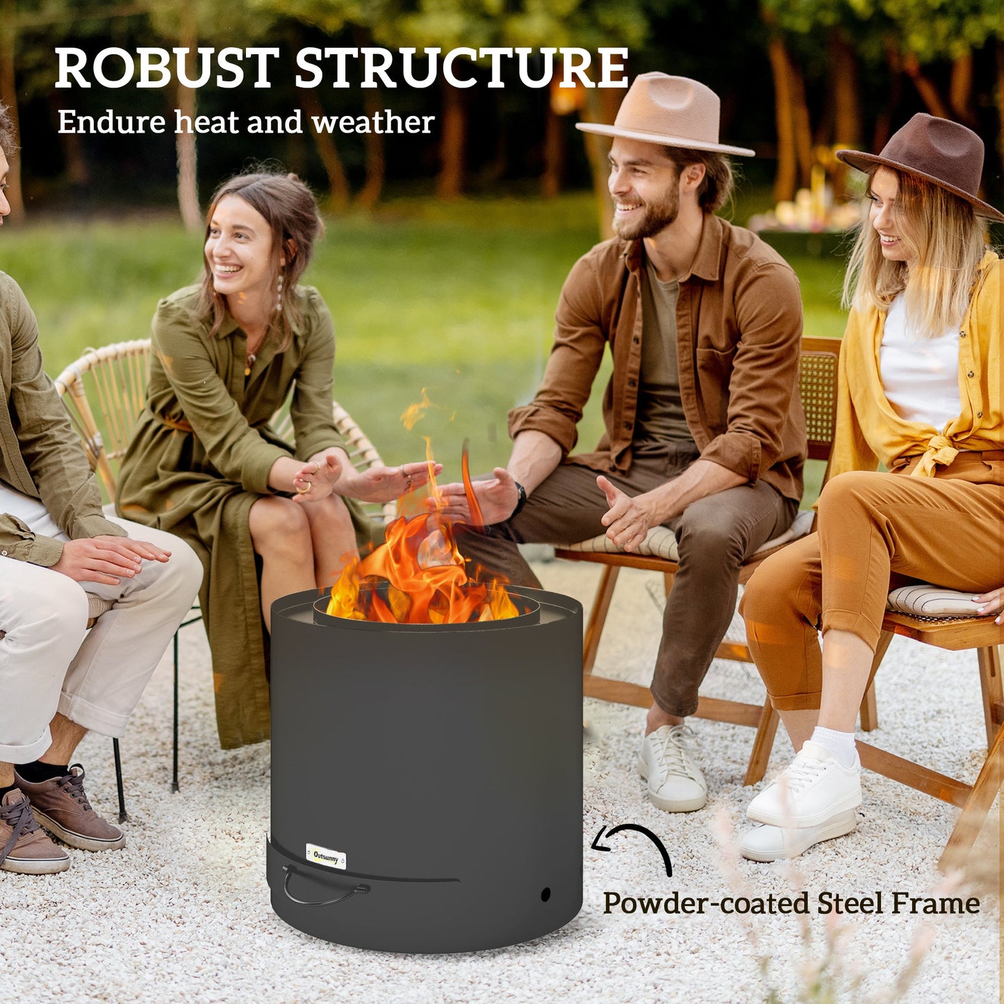 Outdoor Round Smokeless Fire Pit with Ash Tray, Wood Burning Firepit with Fire Poker for Patio Bonfire BBQ Camping, Black