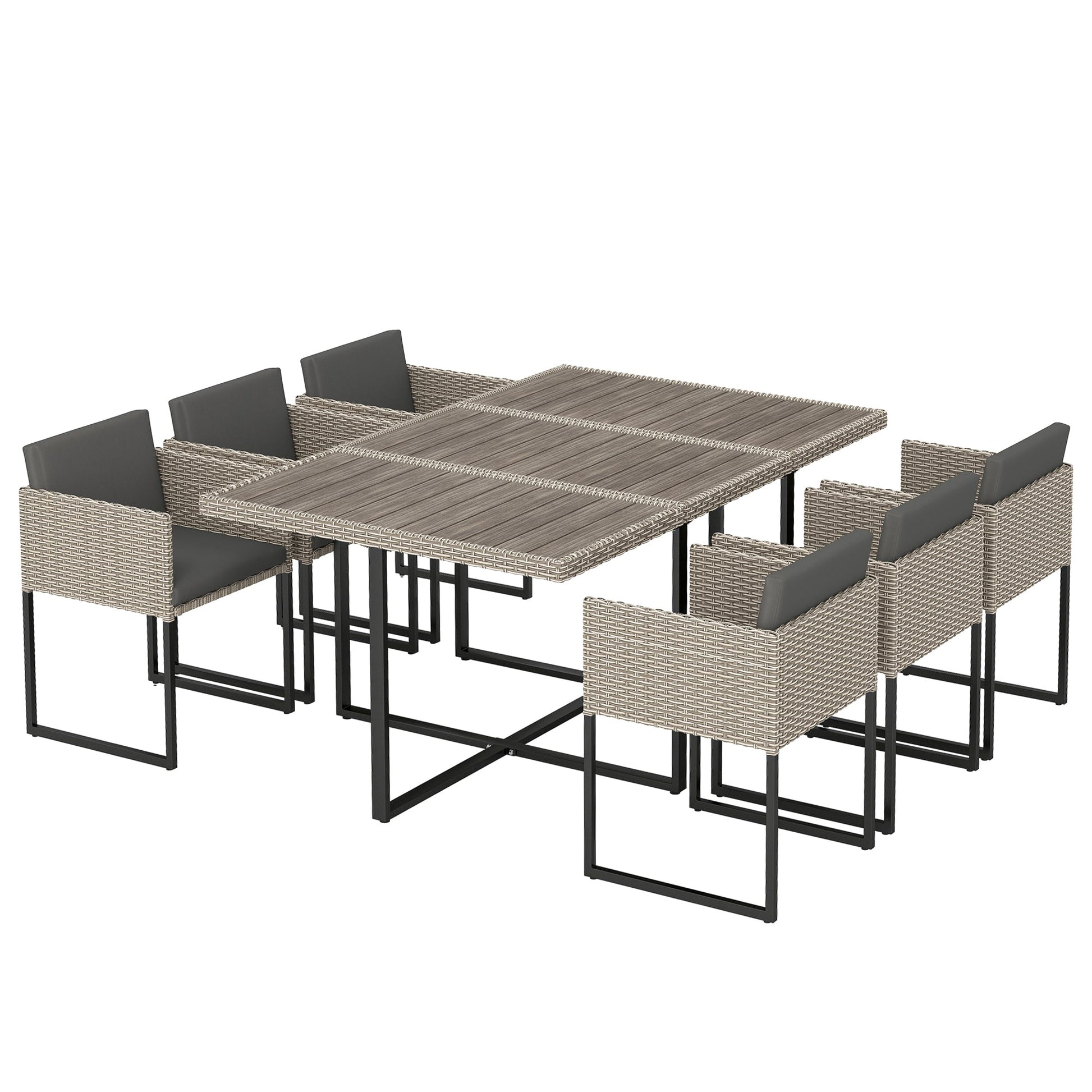 7 Piece Rattan Garden Furniture Set, Garden Dining Set with Wood-Plastic Table and 6 Stackable Chairs, Rattan Table and Chairs with 12 Cushions for Patio Terrace, Light Grey
