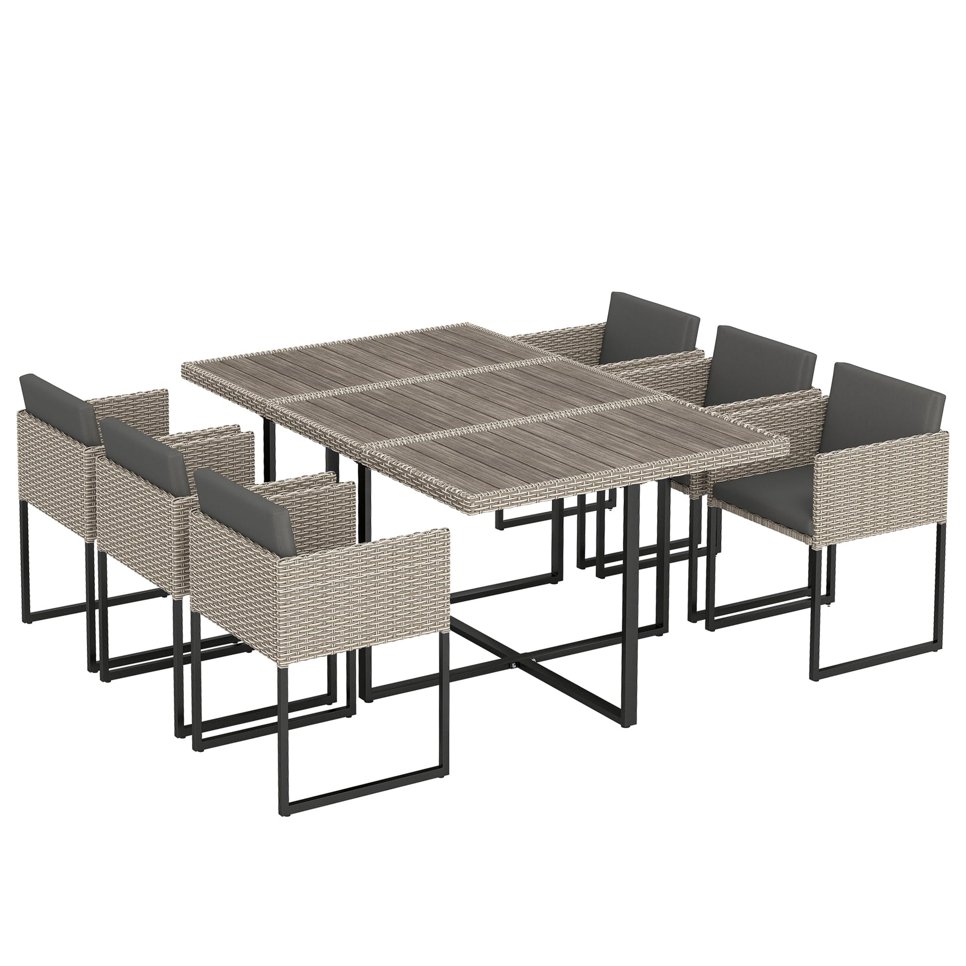 7 Piece Rattan Garden Furniture Set, Garden Dining Set with Wood-Plastic Table and 6 Stackable Chairs, Rattan Table and Chairs with 12 Cushions for Patio Terrace, Light Grey