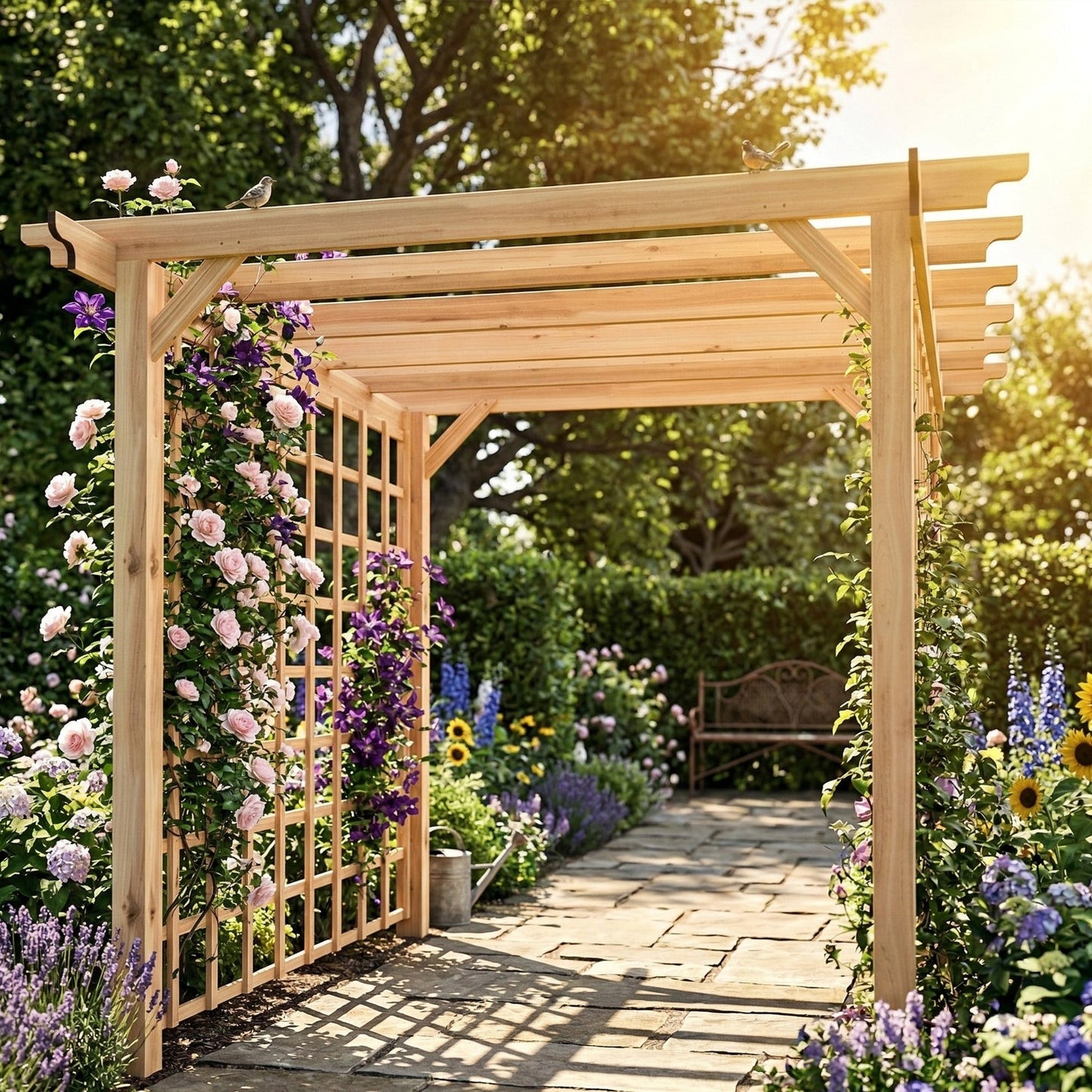 3 x 3 m Wooden Pergola Kit, Garden Pergola Gazebo Arch with Grape Trellis, Triangle Supports, Crossing Beams for Climbing Vines, Flowers, Sun Shade Shelter for Patio Grill, Nature Wood Finish