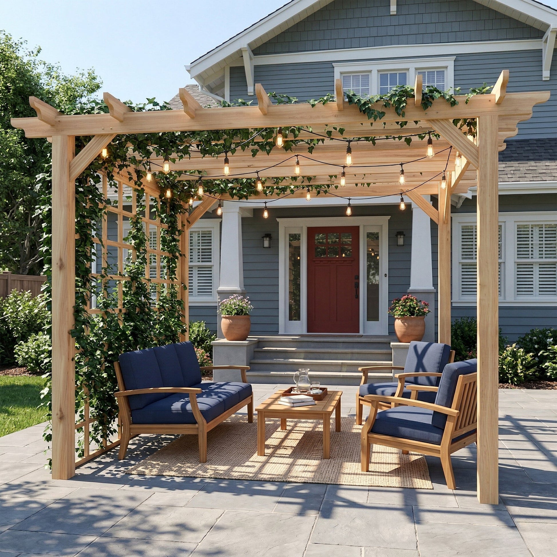 3 x 3 m Wooden Pergola Kit, Garden Pergola Gazebo Arch with Grape Trellis, Triangle Supports, Crossing Beams for Climbing Vines, Flowers, Sun Shade Shelter for Patio Grill, Nature Wood Finish
