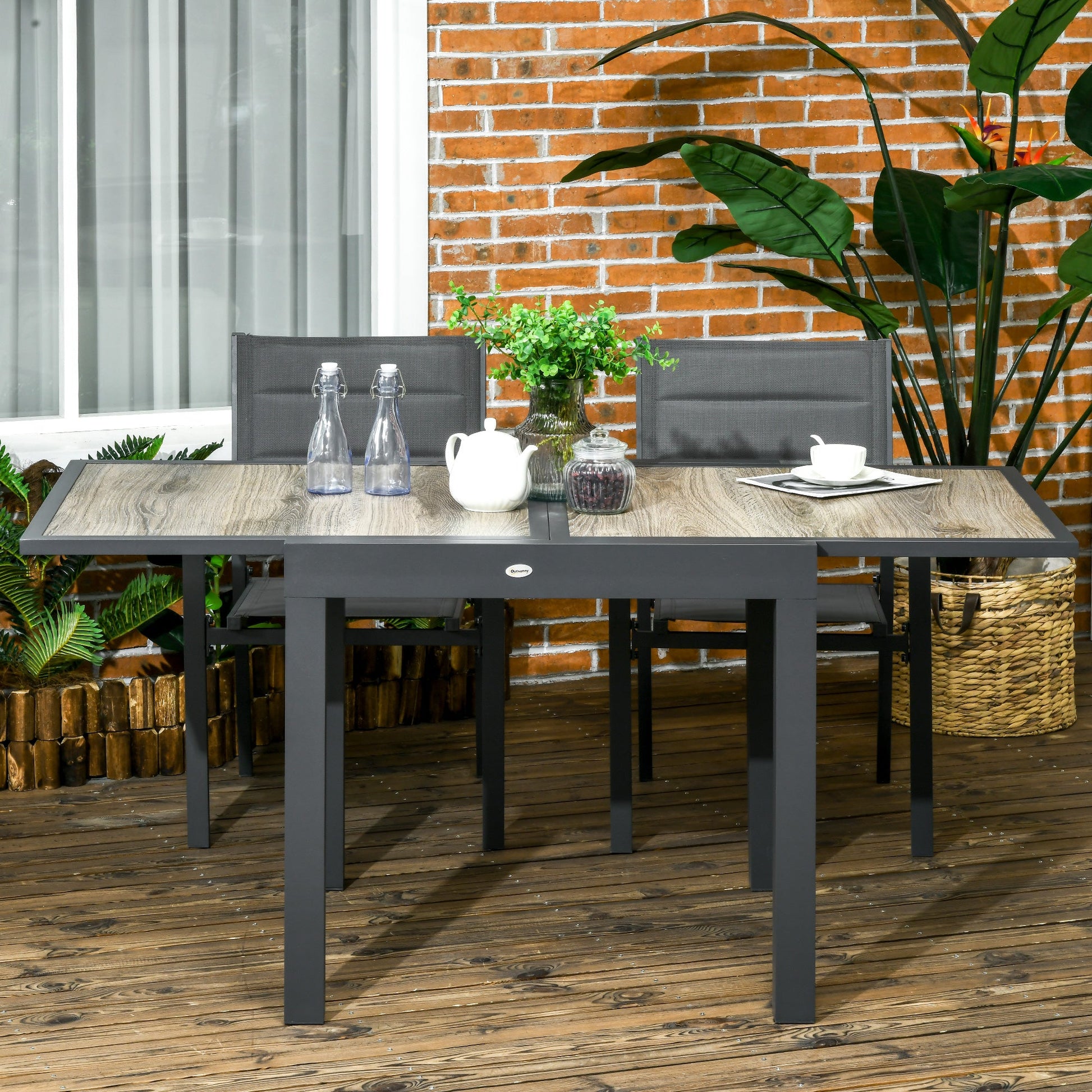 Extending Garden Table, Outdoor Dining Table for 6, Aluminium Frame Rectangular Patio Table with Plastic Board Tabletop,80/160L x 80W x 75H cm, Beige