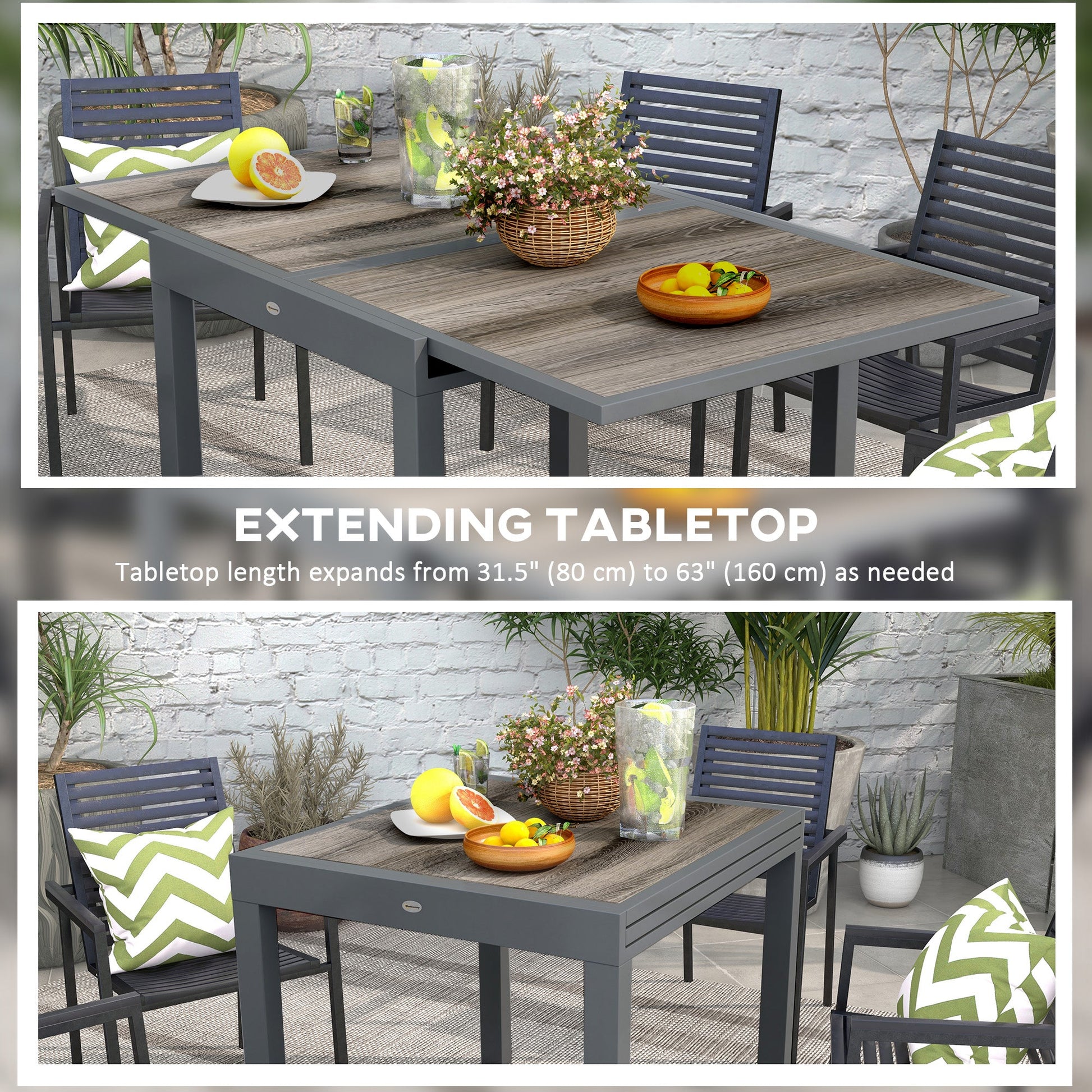 Extending Garden Table, Outdoor Dining Table for 6, Aluminium Frame Rectangular Patio Table with Plastic Board Tabletop,80/160L x 80W x 75H cm, Beige