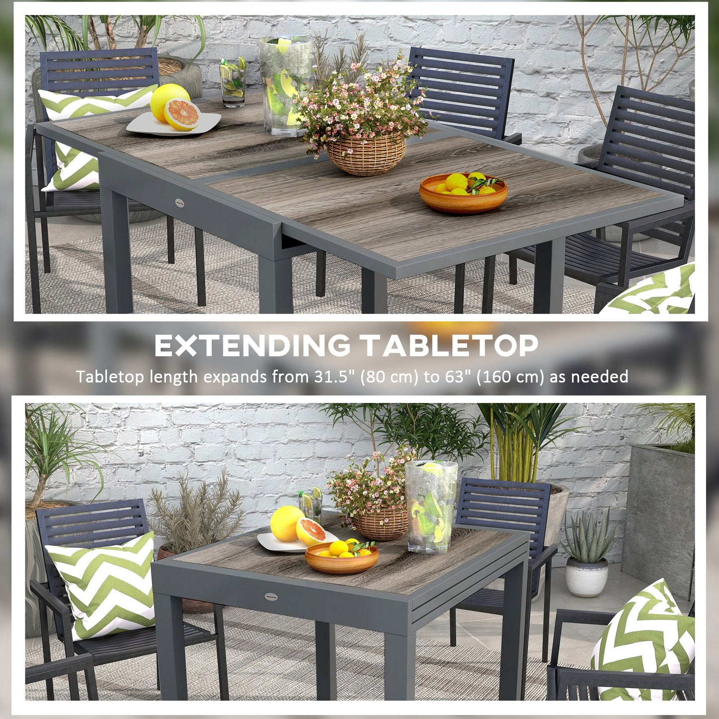 Extending Garden Table, Outdoor Dining Table for 6, Aluminium Frame Rectangular Patio Table with Plastic Board Tabletop,80/160L x 80W x 75H cm, Beige