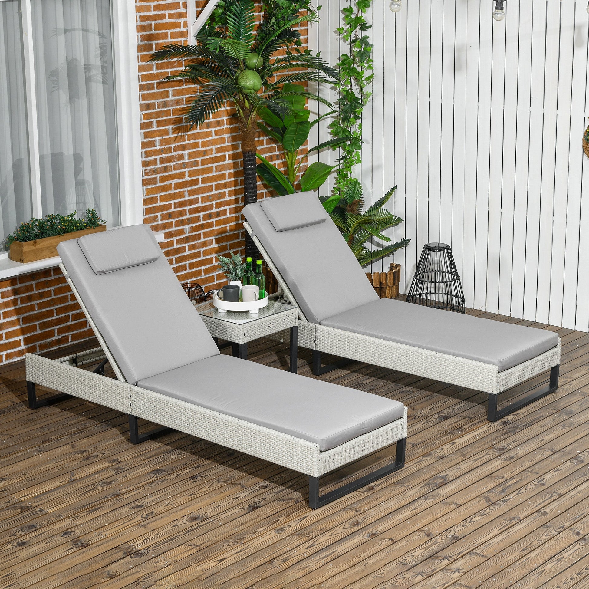 3-piece PE Rattan Sun Lounger Set with Adjustable 5-Position Recliner, Patio Chaise Lounge Chair Set with Cushions, Headrests, Glass Top Square Coffee Table, Light Grey