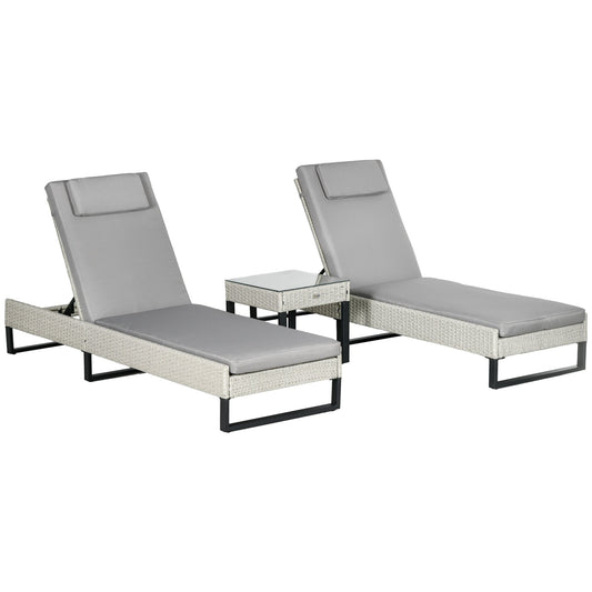 3-piece PE Rattan Sun Lounger Set with Adjustable 5-Position Recliner, Patio Chaise Lounge Chair Set with Cushions, Headrests, Glass Top Square Coffee Table, Light Grey