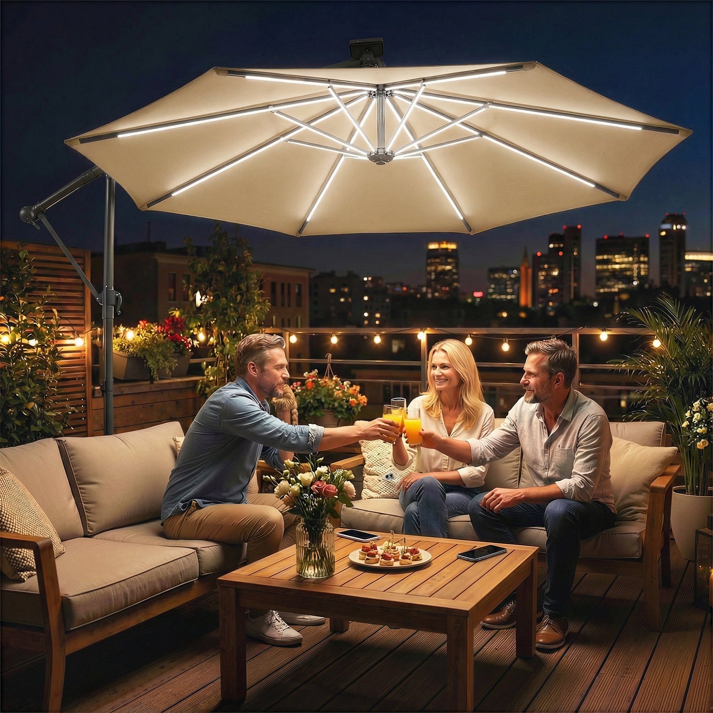 3 m Garden Cantilever Parasol with LED Solar Light, Round Overhanging Umbrella with 6-Position 360° Rotation, Crank Handle, Tilt, Cover, Banana Patio Umbrella for Outdoor Sun Shade, Khaki