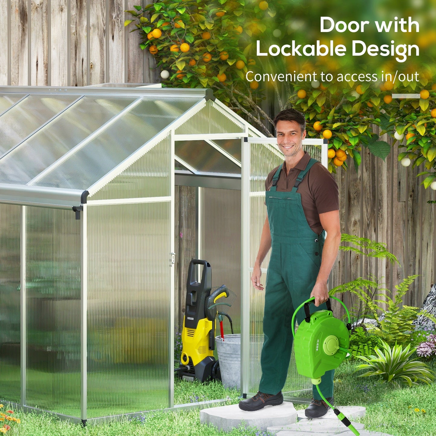 6 x 8ft Polycarbonate Greenhouse with Rain Gutters, Large Walk-In Green House with Door and Window, Garden Plants Grow House with Aluminium Frame and Foundation