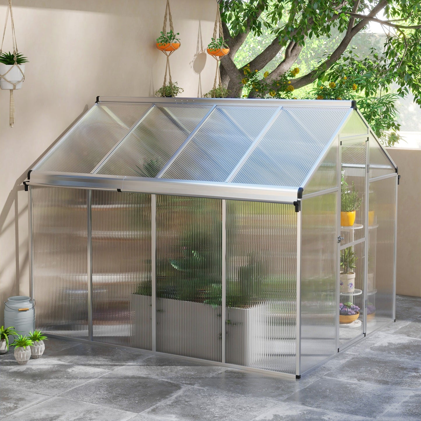 6 x 8ft Polycarbonate Greenhouse with Rain Gutters, Large Walk-In Green House with Door and Window, Garden Plants Grow House with Aluminium Frame and Foundation