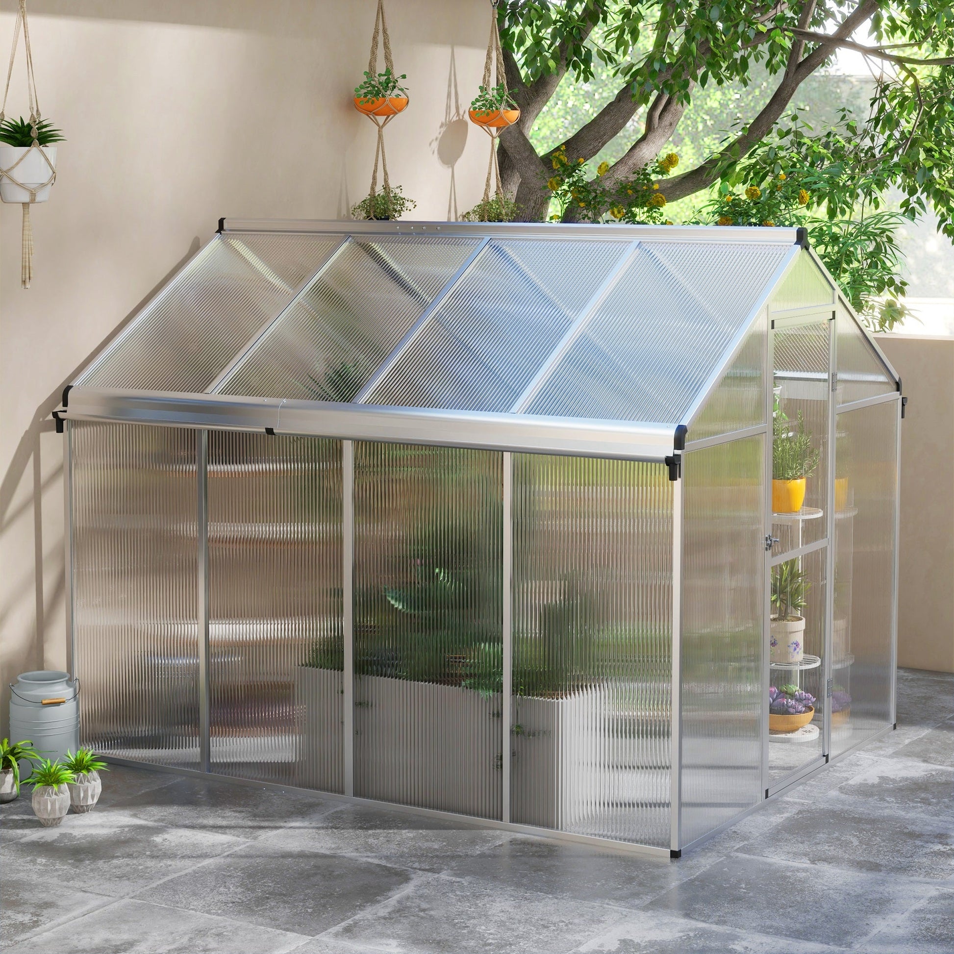 6 x 8ft Polycarbonate Greenhouse with Rain Gutters, Large Walk-In Green House with Door and Window, Garden Plants Grow House with Aluminium Frame and Foundation