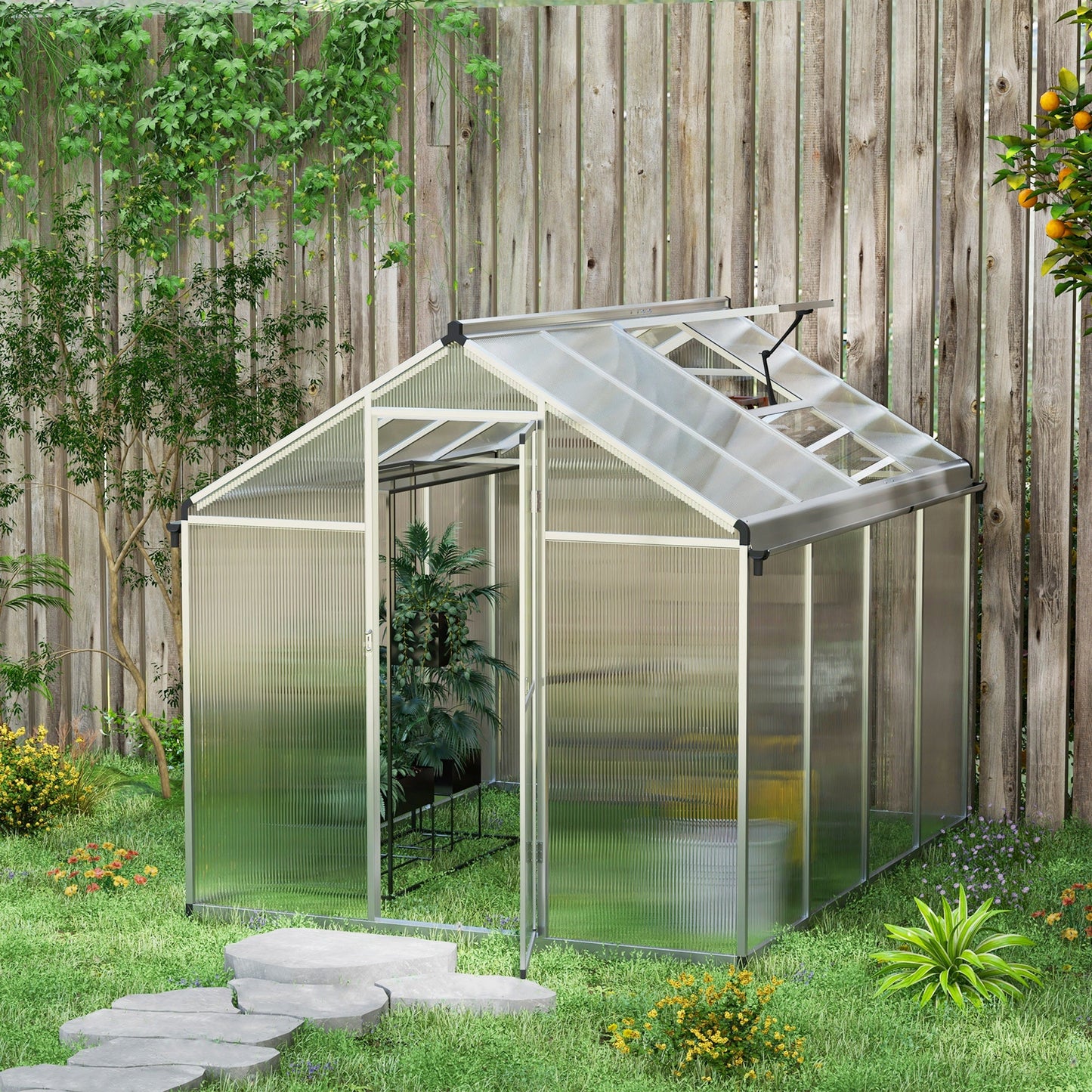 6 x 8ft Polycarbonate Greenhouse with Rain Gutters, Large Walk-In Green House with Door and Window, Garden Plants Grow House with Aluminium Frame and Foundation
