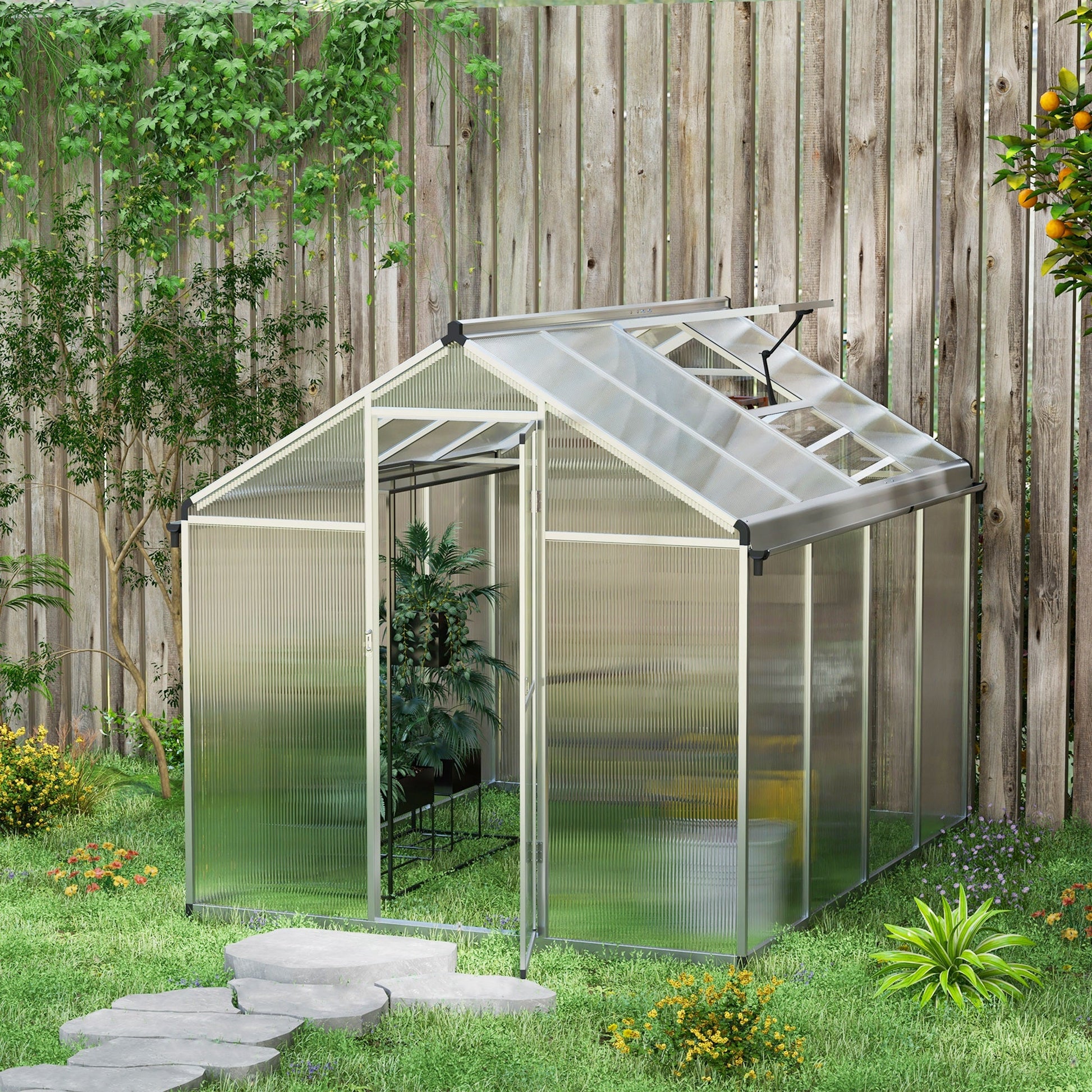 6 x 8ft Polycarbonate Greenhouse with Rain Gutters, Large Walk-In Green House with Door and Window, Garden Plants Grow House with Aluminium Frame and Foundation