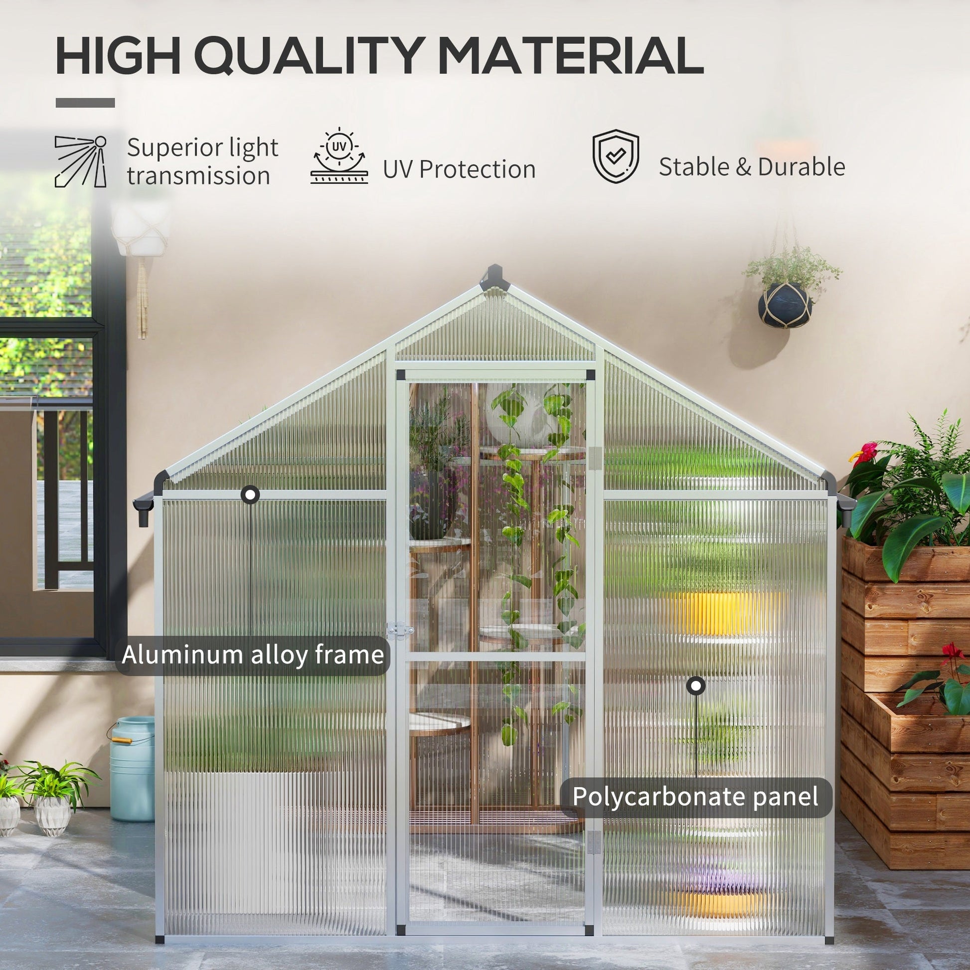 6 x 8ft Polycarbonate Greenhouse with Rain Gutters, Large Walk-In Green House with Door and Window, Garden Plants Grow House with Aluminium Frame and Foundation