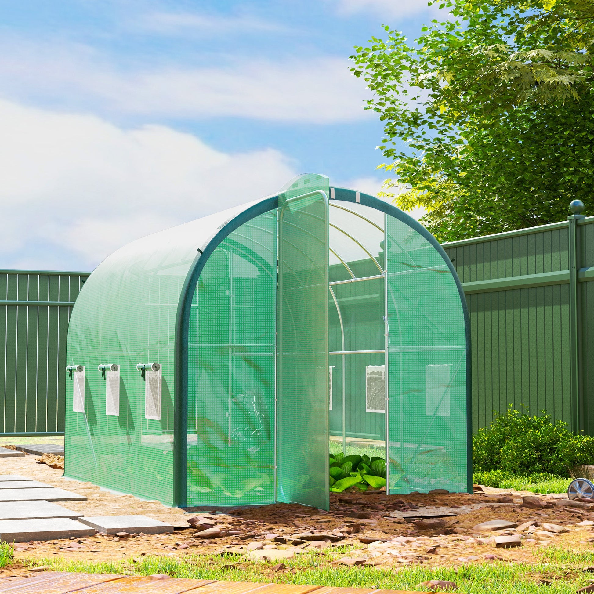 3 x 2(m) Walk-in Polytunnel Greenhouse with Upgraded Structure, 2 Hinged Doors, 6 Mesh Windows, Tunnel Warm House Tent with UV-resistant PE Cover, Green