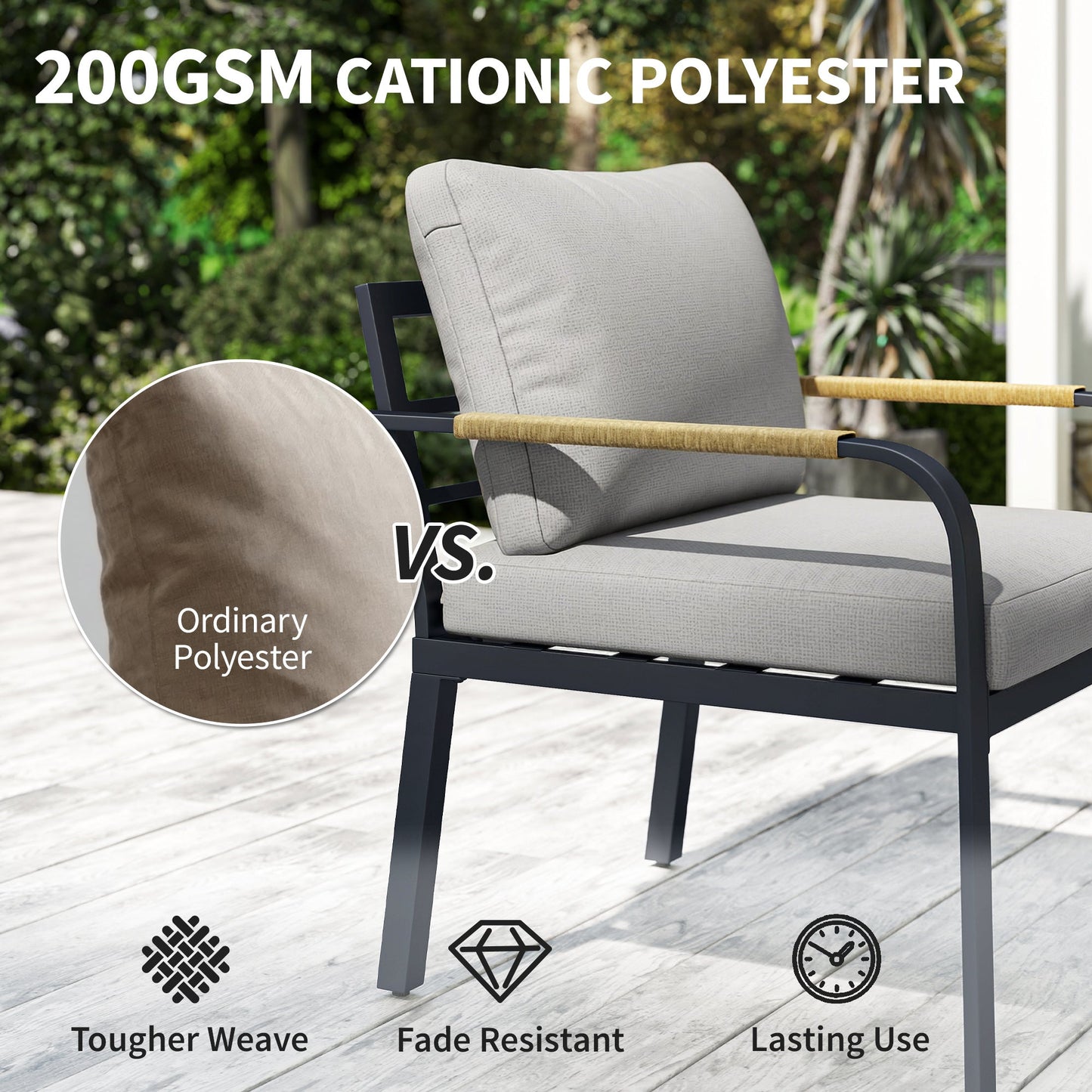 7 Seater Garden Furniture Set with 2 Loveseats, Armchair, 2 Armless Chairs, Footstool, Faux Wood Table, Metal Garden Sofa Set with Cushions, Outdoor Furniture Conversation Sets, Light Grey
