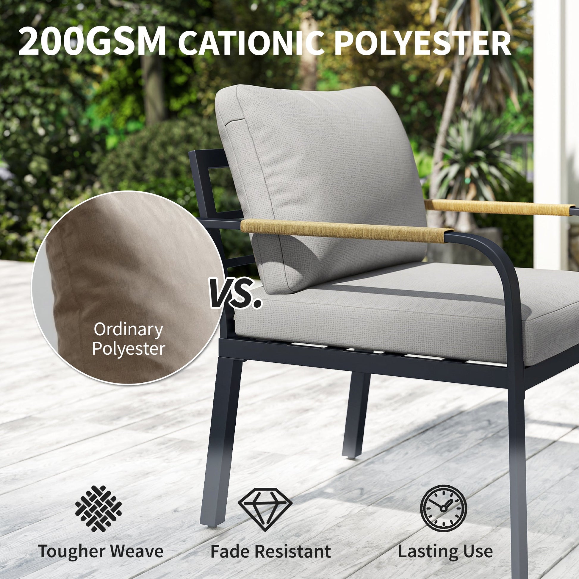 7 Seater Garden Furniture Set with 2 Loveseats, Armchair, 2 Armless Chairs, Footstool, Faux Wood Table, Metal Garden Sofa Set with Cushions, Outdoor Furniture Conversation Sets, Light Grey