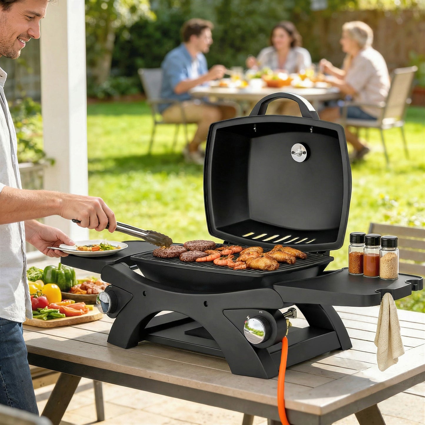 2 Burner Gas Grill with 2 Detachable Side Tables, 3.8 KW Steel Barbecue Grill with Cast Iron Grates, Tabletop BBQ with Lid, Thermometer, Grease Tray, 4 Hooks, Black