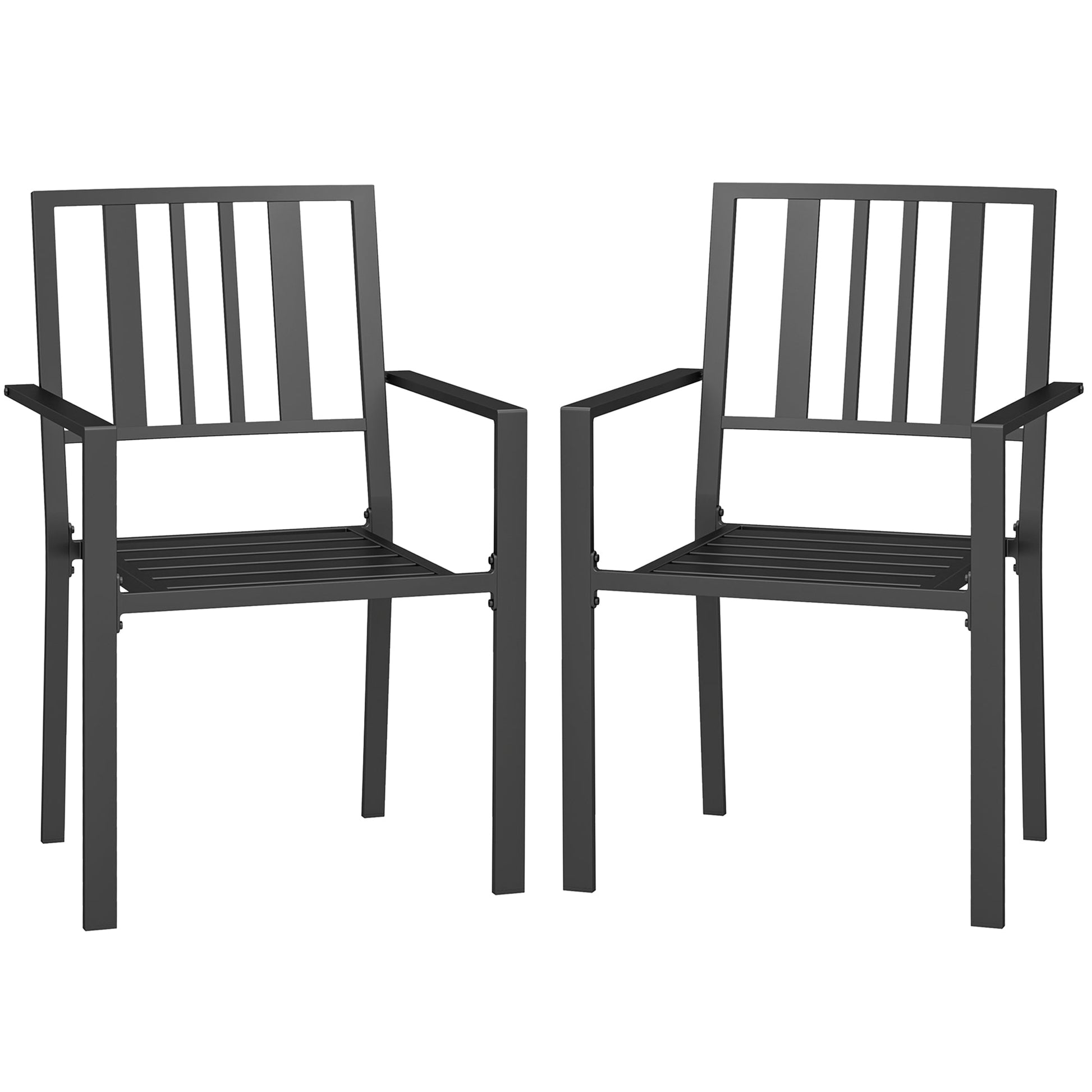 Set of 2 Garden Chairs, Stackable Outdoor Chairs with Metal Slatted Seat & Backrest, for Yard, Garden, Black
