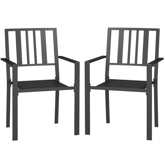 Set of 2 Garden Chairs, Stackable Outdoor Chairs with Metal Slatted Seat & Backrest, for Yard, Garden, Black