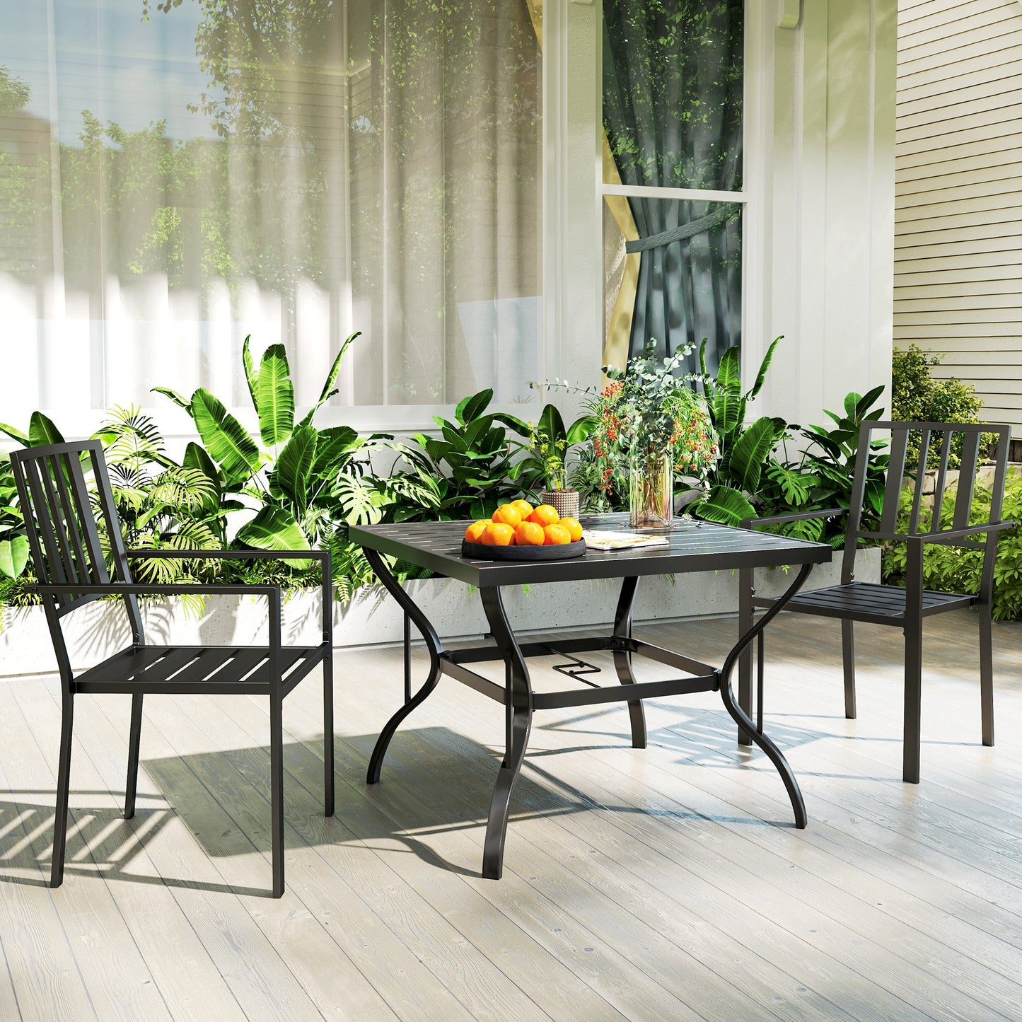 Set of 2 Garden Chairs, Stackable Outdoor Chairs with Metal Slatted Seat & Backrest, for Yard, Garden, Black