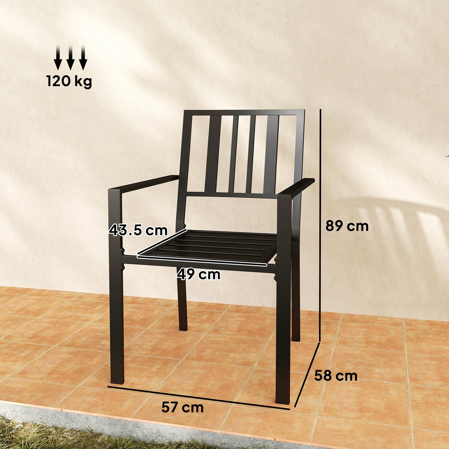 Set of 2 Garden Chairs, Stackable Outdoor Chairs with Metal Slatted Seat & Backrest, for Yard, Garden, Black