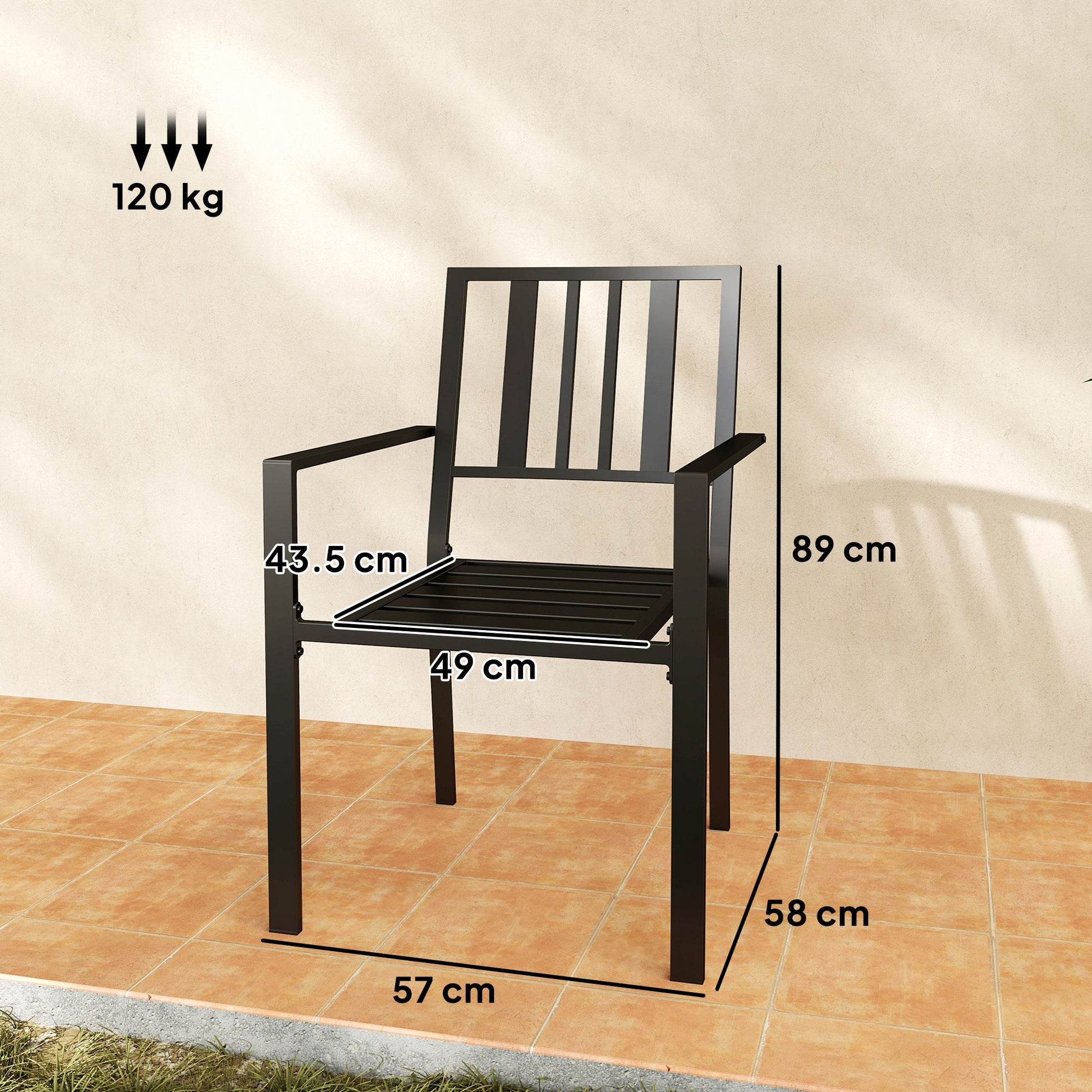 Set of 2 Garden Chairs, Stackable Outdoor Chairs with Metal Slatted Seat & Backrest, for Yard, Garden, Black