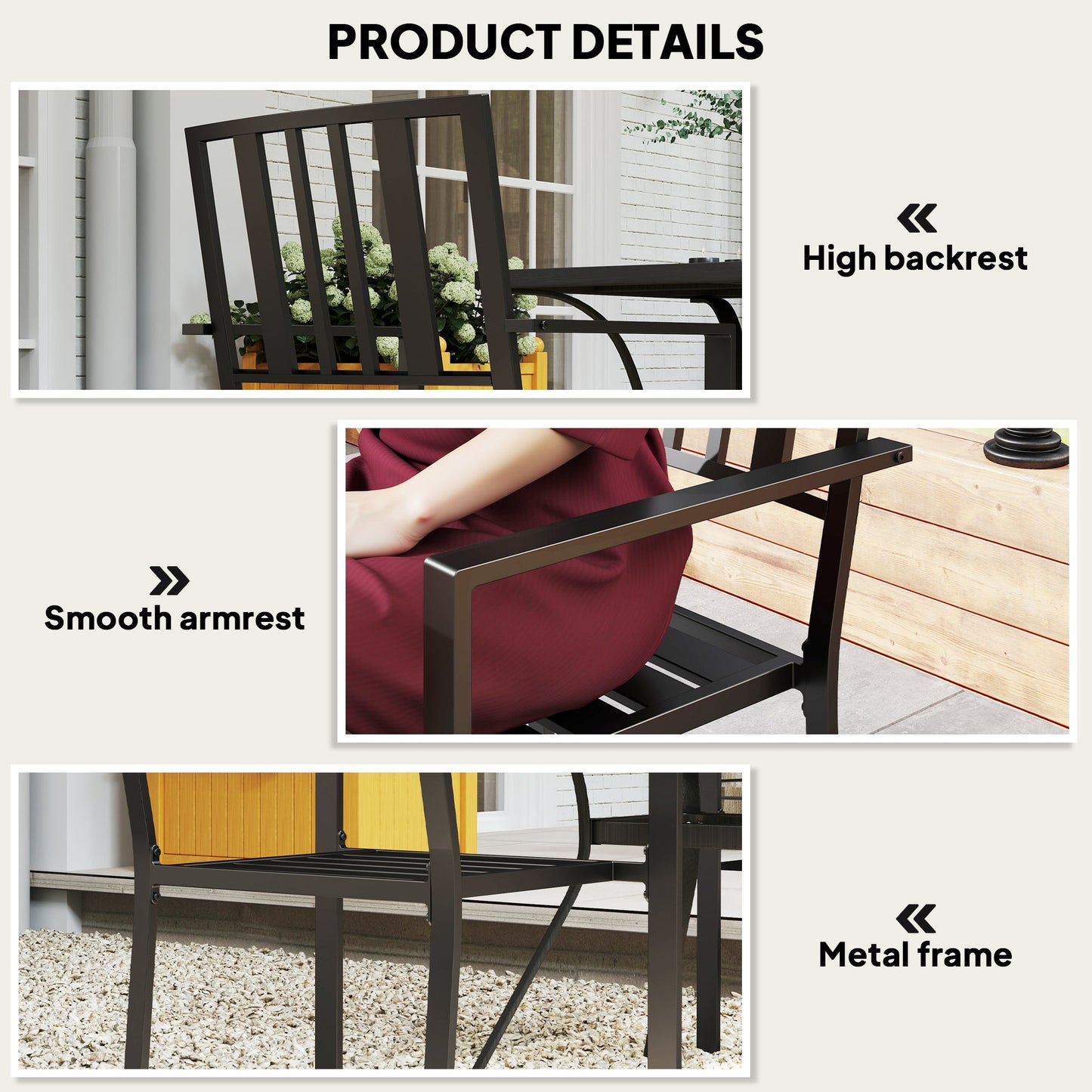 Set of 2 Garden Chairs, Stackable Outdoor Chairs with Metal Slatted Seat & Backrest, for Yard, Garden, Black
