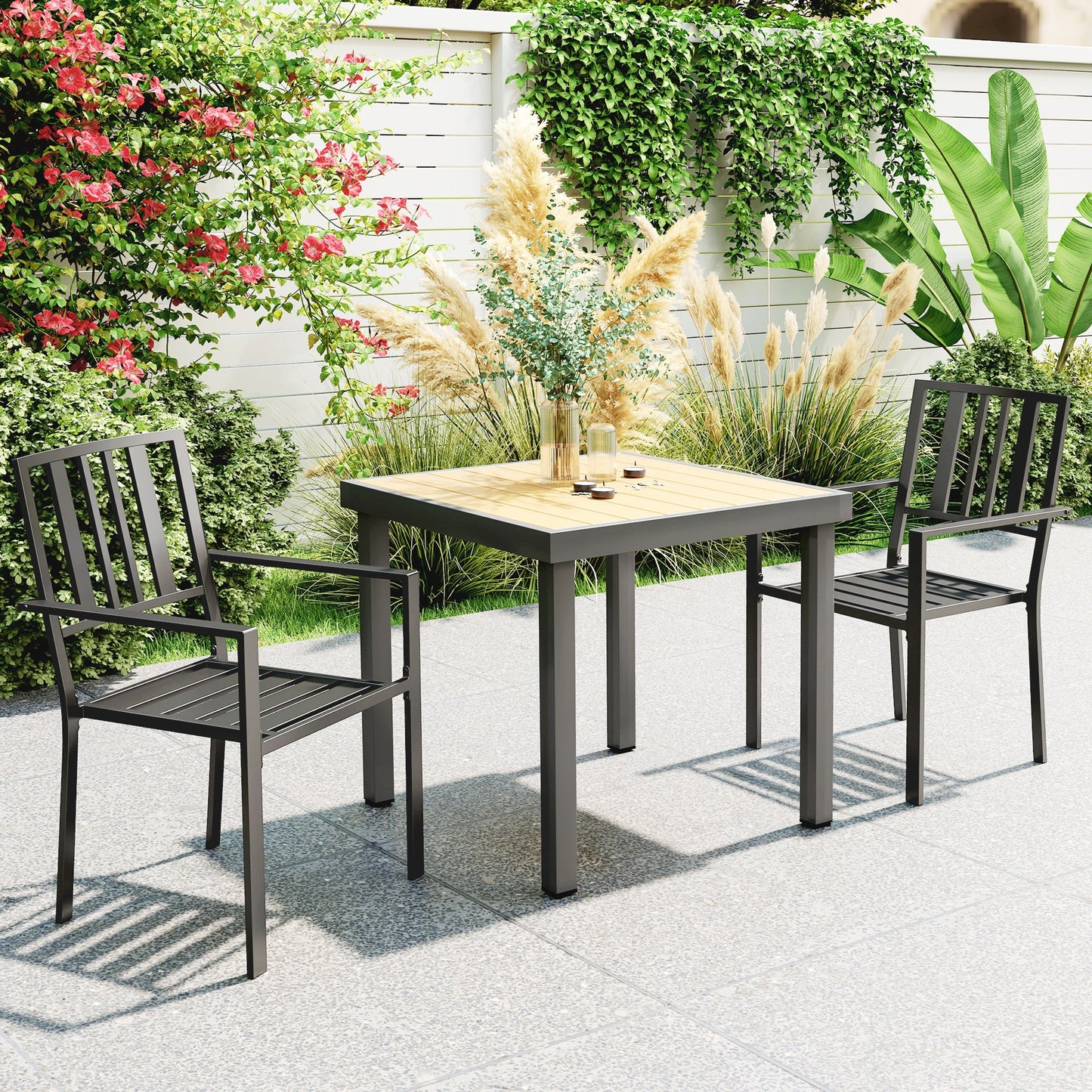 Set of 2 Garden Chairs, Stackable Outdoor Chairs with Metal Slatted Seat & Backrest, for Yard, Garden, Black