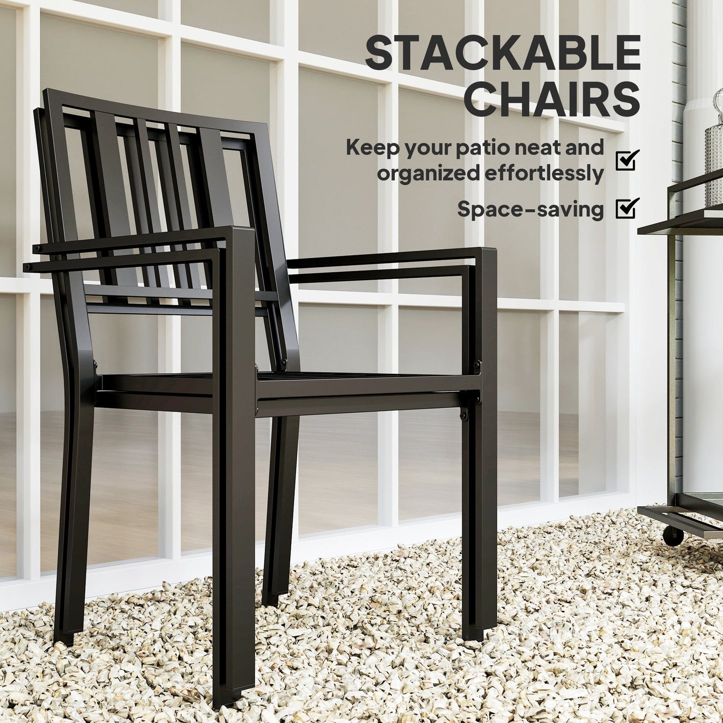 Set of 2 Garden Chairs, Stackable Outdoor Chairs with Metal Slatted Seat & Backrest, for Yard, Garden, Black