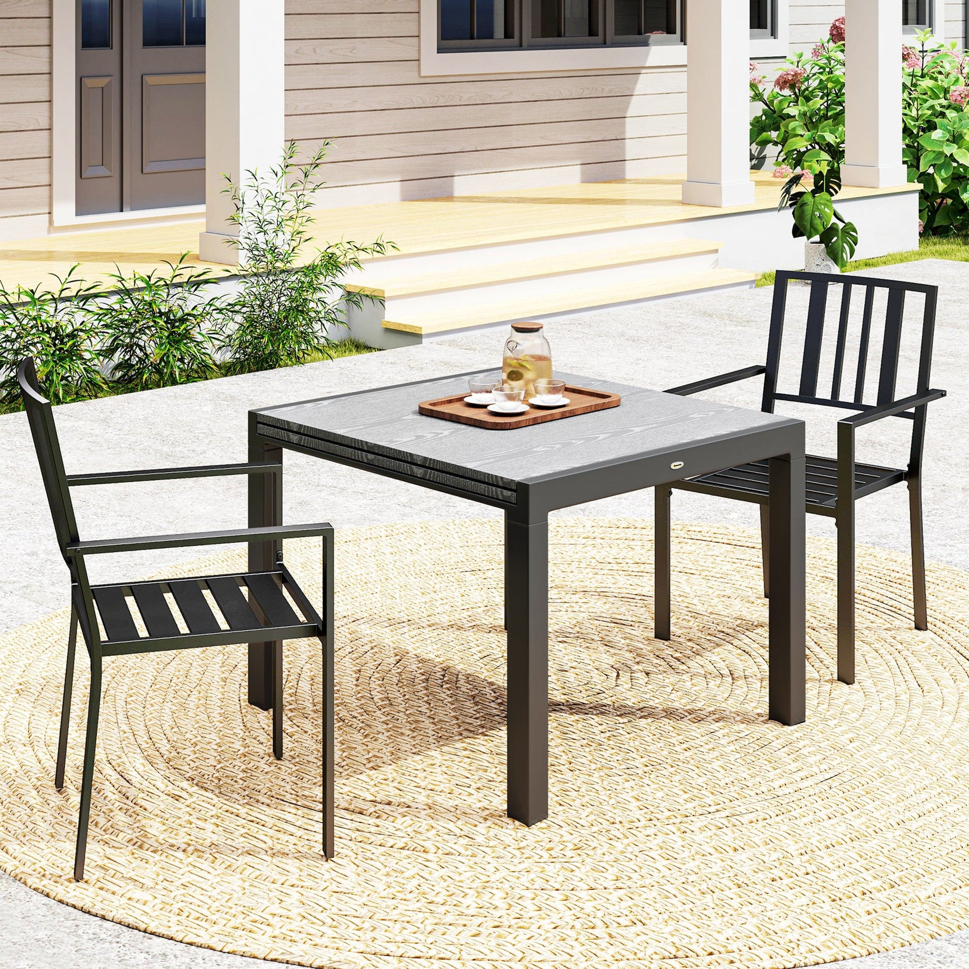 Set of 2 Garden Chairs, Stackable Outdoor Chairs with Metal Slatted Seat & Backrest, for Yard, Garden, Black