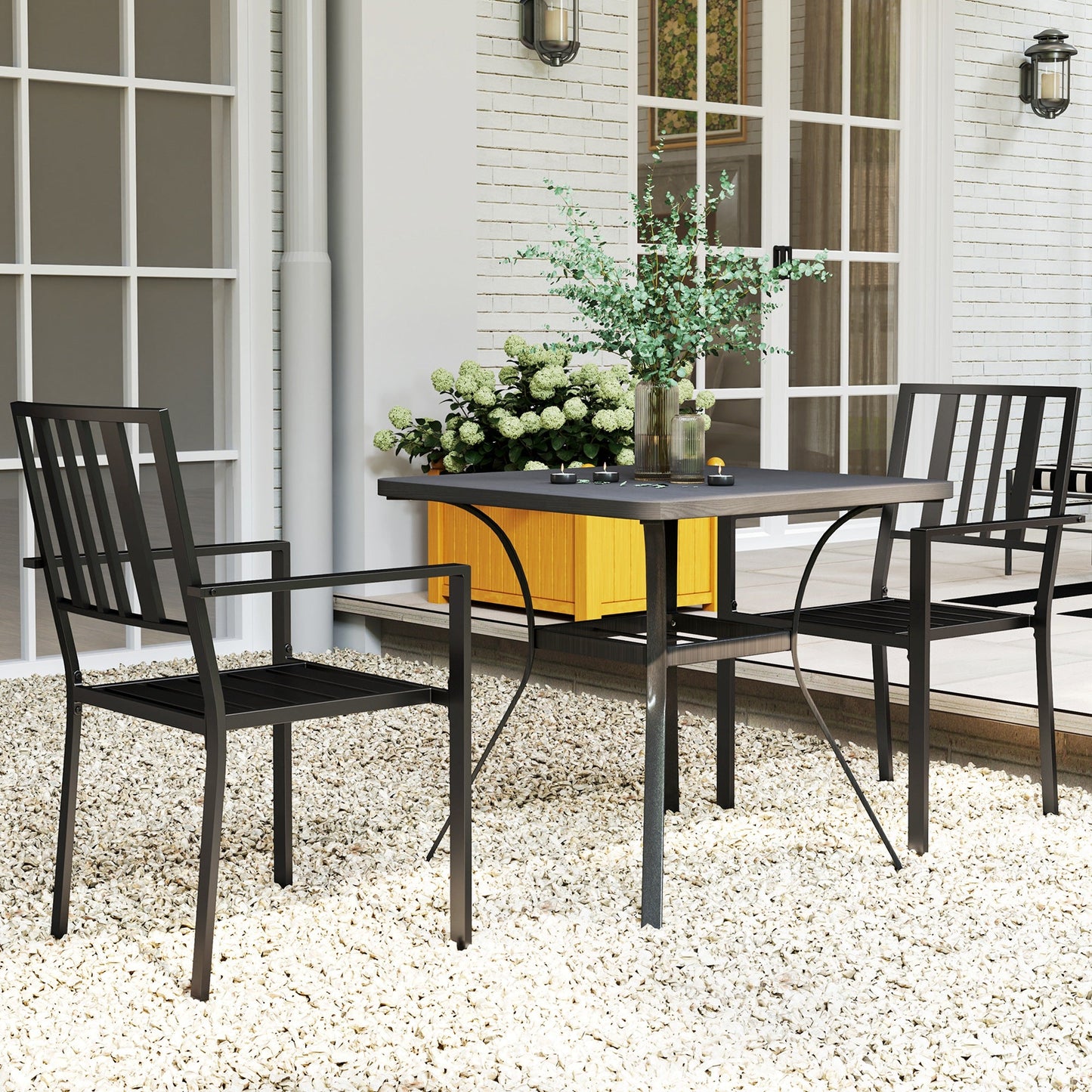 Set of 2 Garden Chairs, Stackable Outdoor Chairs with Metal Slatted Seat & Backrest, for Yard, Garden, Black