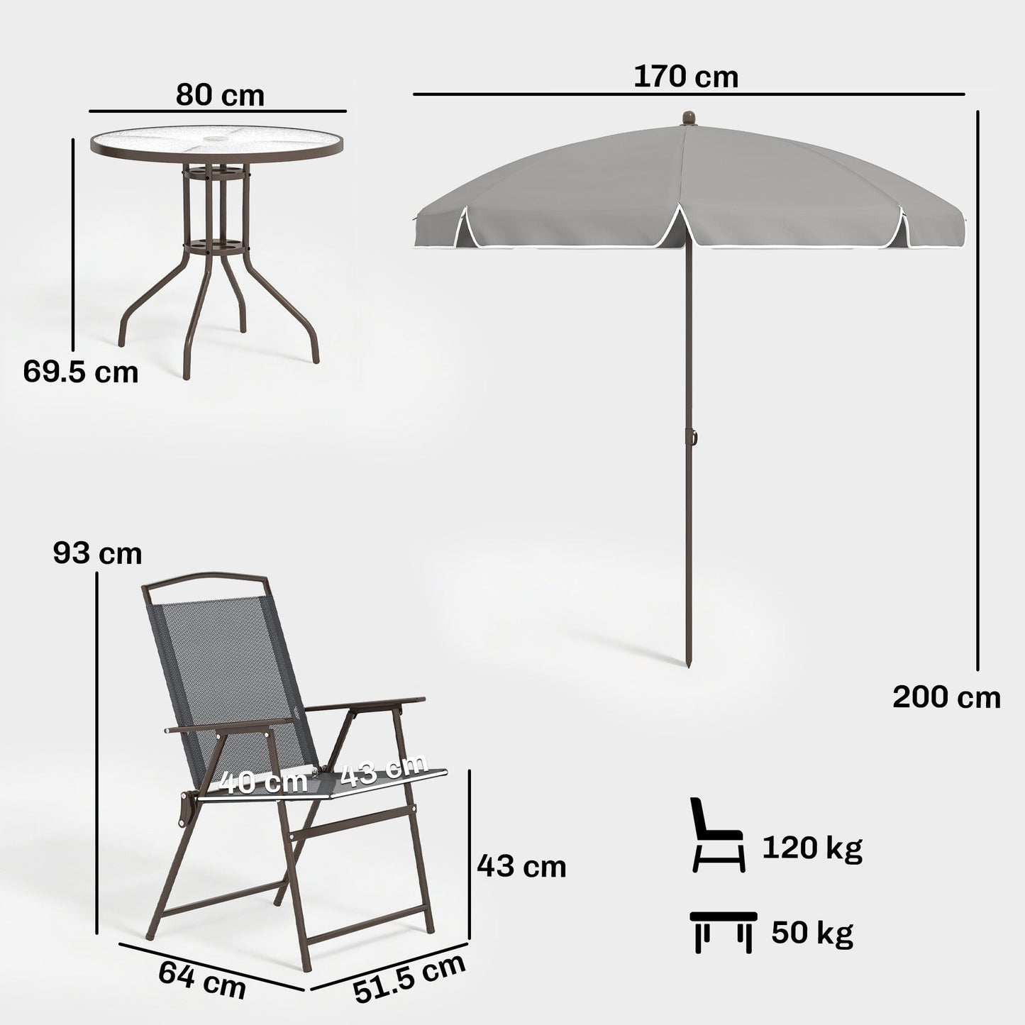 6 Piece Garden Dining Set with Umbrella, Patio Sets with Parasol, 4 Folding Dining Chairs & Round Tempered Glass Table, Dark Grey