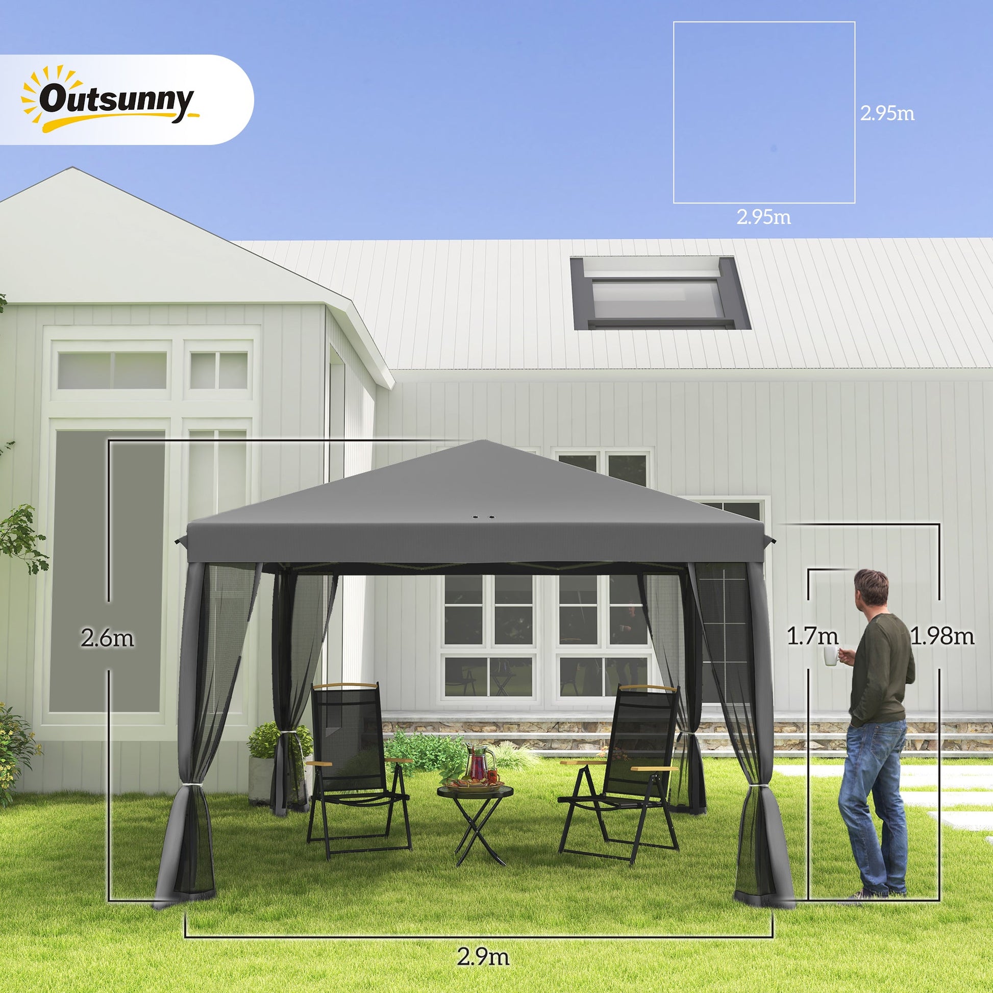 3 x 3 m Pop Up Gazebo, 420D Garden Tent Canopy with Removable Mesh Sidewall Netting, Carry Bag for Garden Patio Outdoor, Light Grey
