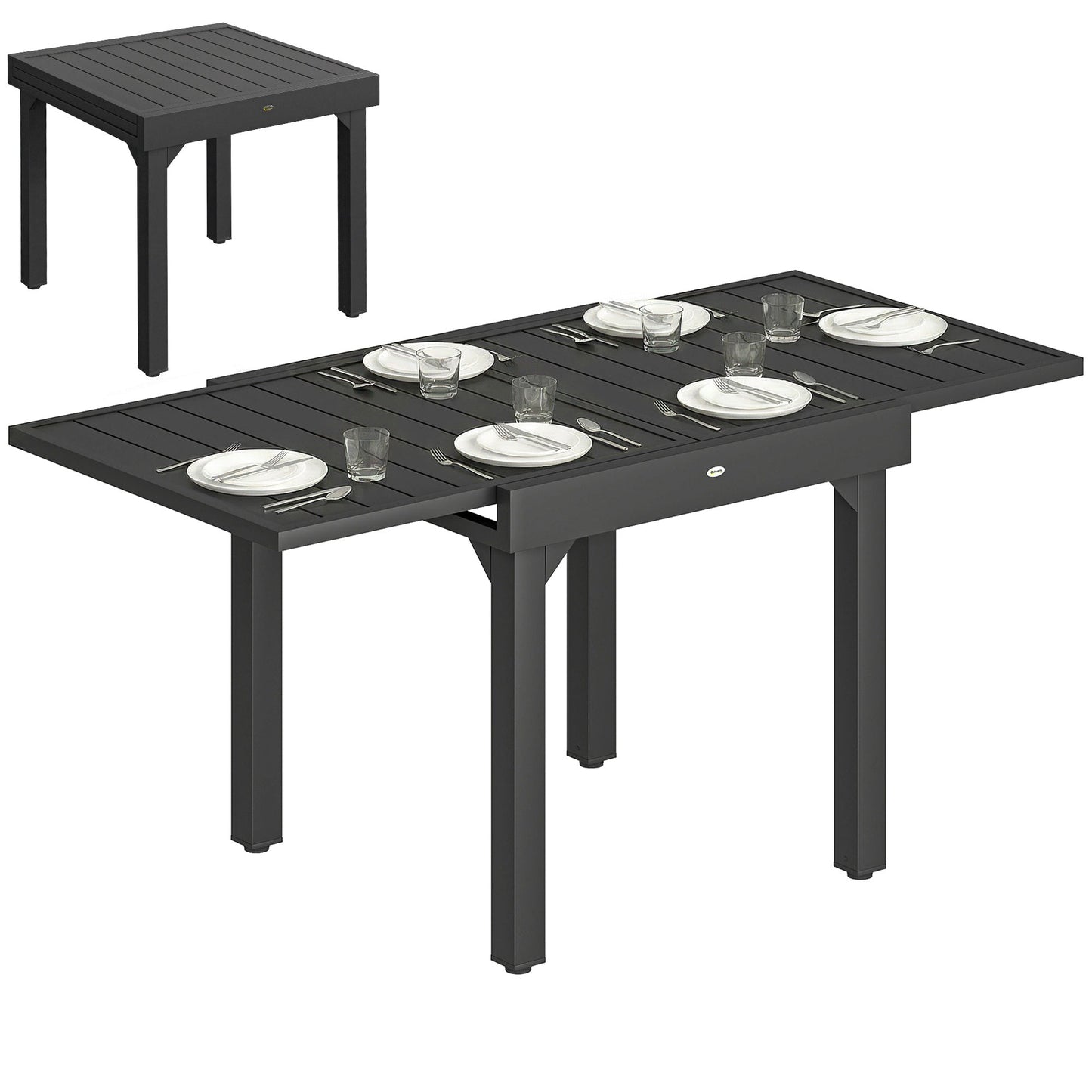 Extending Garden Table for 4-6 People, 80-160 cm Aluminium Extendable Outdoor Patio Table with Slatted Top for Garden, Lawn, Yard, Black