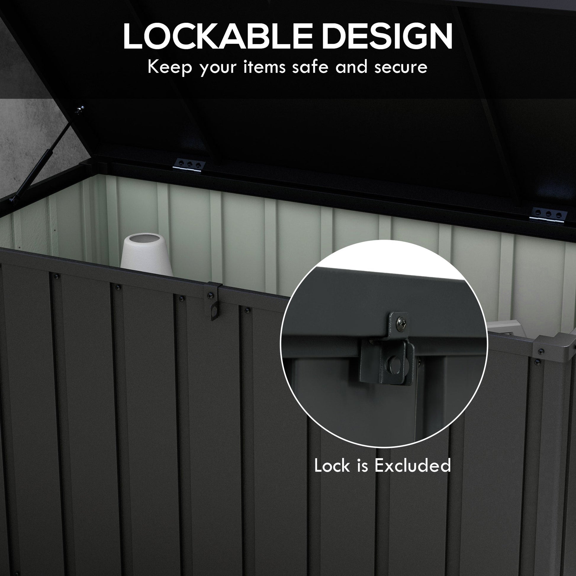450 Litre Garden Storage Box, Outdoor Storage Box with Wheels and Handles, Lockable Galvanised Steel Outside Deck Box Organiser for Tools, Cushions, Dark Grey