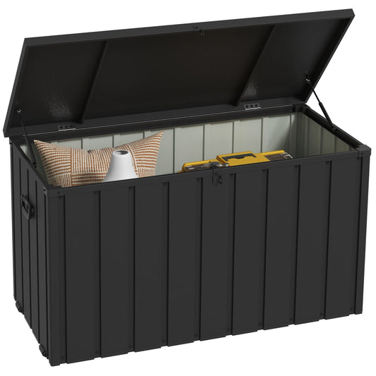450 Litre Garden Storage Box, Outdoor Storage Box with Wheels and Handles, Lockable Galvanised Steel Outside Deck Box Organiser for Tools, Cushions, Dark Grey