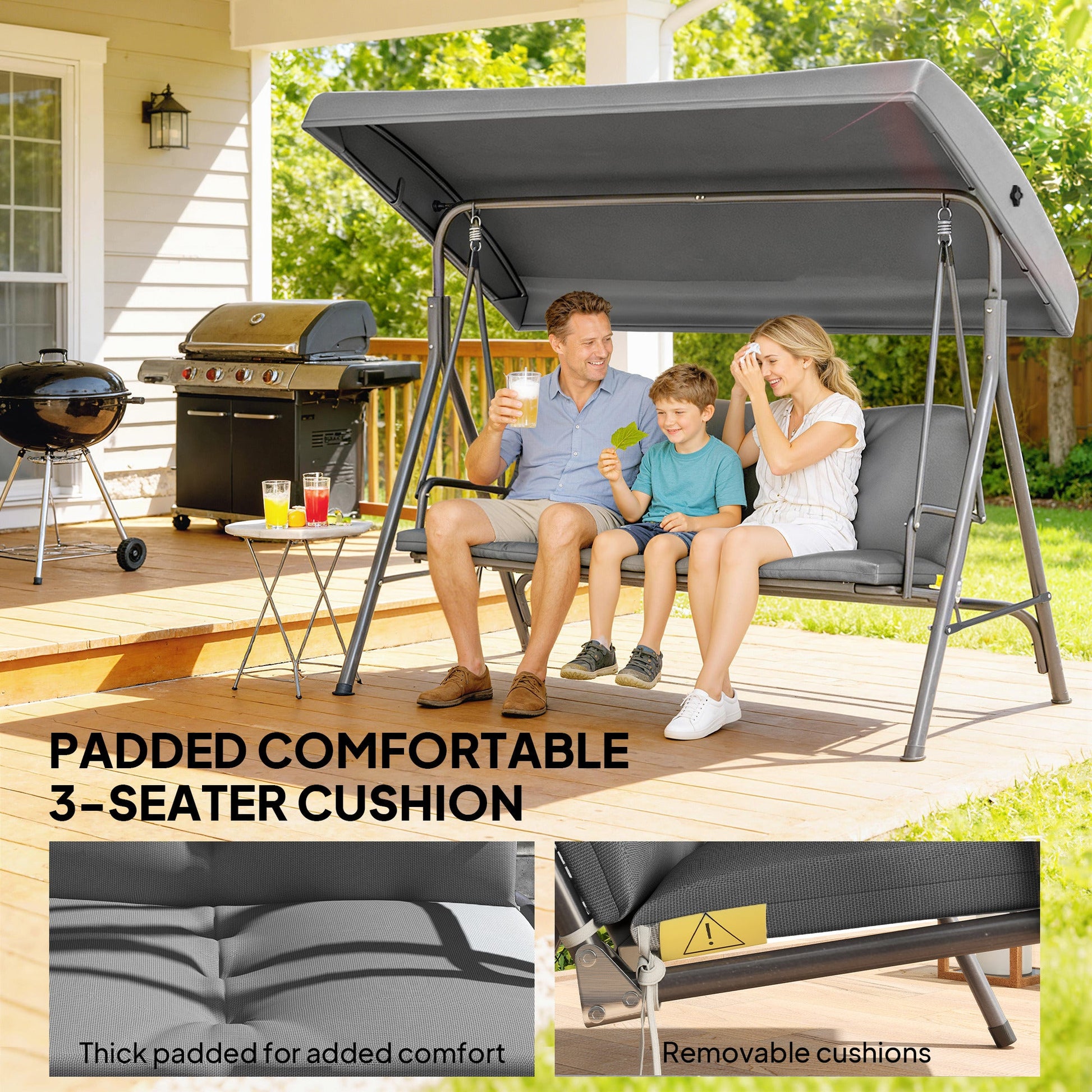 3 Seater Garden Swing Chair, Patio Rocking Bench with Tilting Canopy, Removable Cushion and Steel Frame, Dark Grey