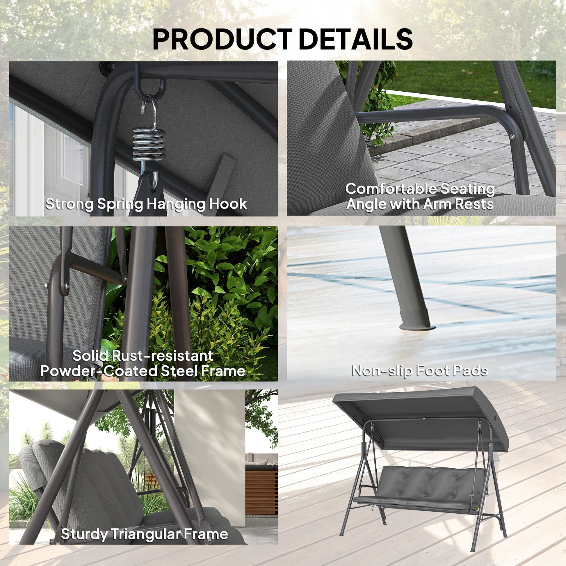 3 Seater Garden Swing Chair, Patio Rocking Bench with Tilting Canopy, Removable Cushion and Steel Frame, Dark Grey