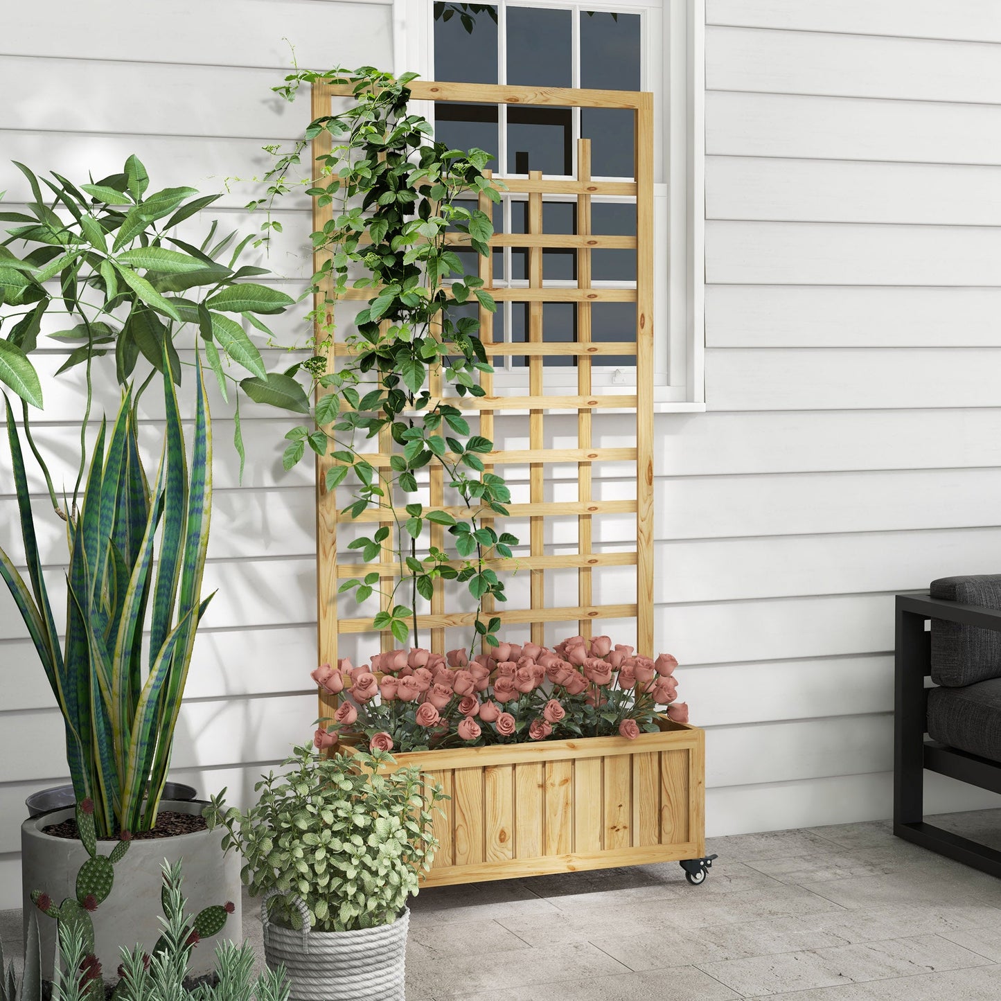 Wooden Trellis Planter, Raised Beds for Garden with Wheels and Drainage Holes, Privacy Screen Planter Box to Grow Vegetables, Herbs and Flowers for Garden, Patio, Deck, Natural