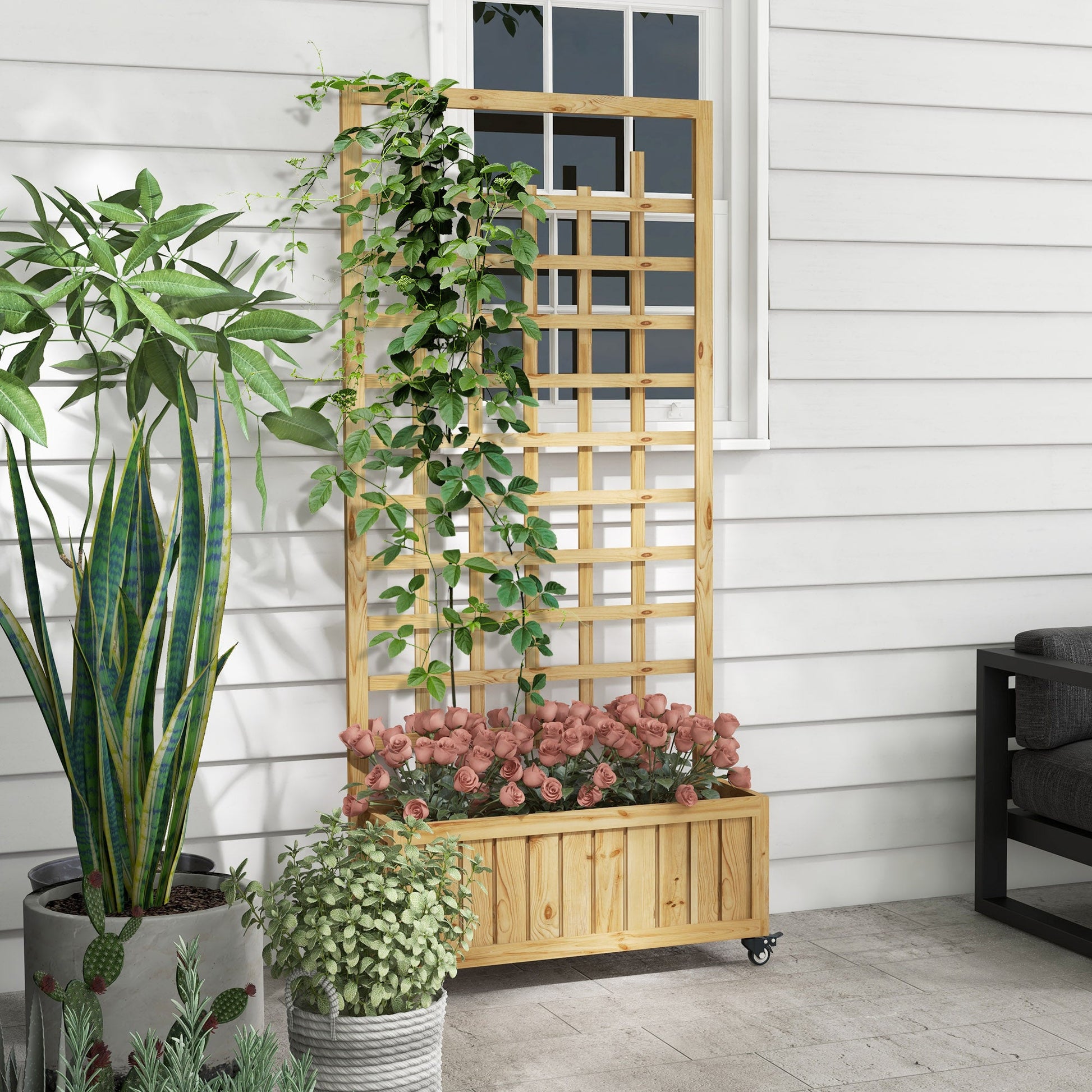 Wooden Trellis Planter, Raised Beds for Garden with Wheels and Drainage Holes, Privacy Screen Planter Box to Grow Vegetables, Herbs and Flowers for Garden, Patio, Deck, Natural
