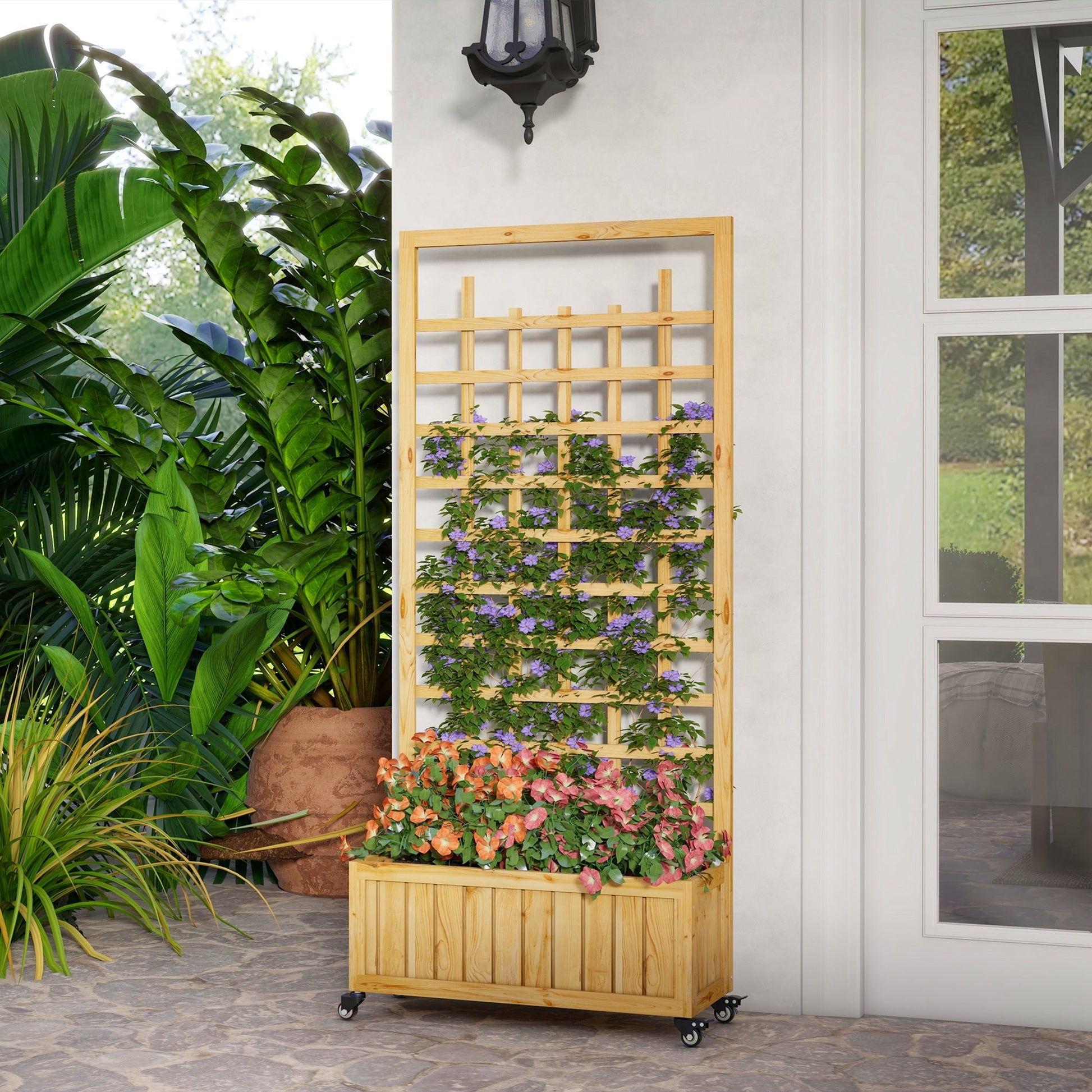 Wooden Trellis Planter, Raised Beds for Garden with Wheels and Drainage Holes, Privacy Screen Planter Box to Grow Vegetables, Herbs and Flowers for Garden, Patio, Deck, Natural