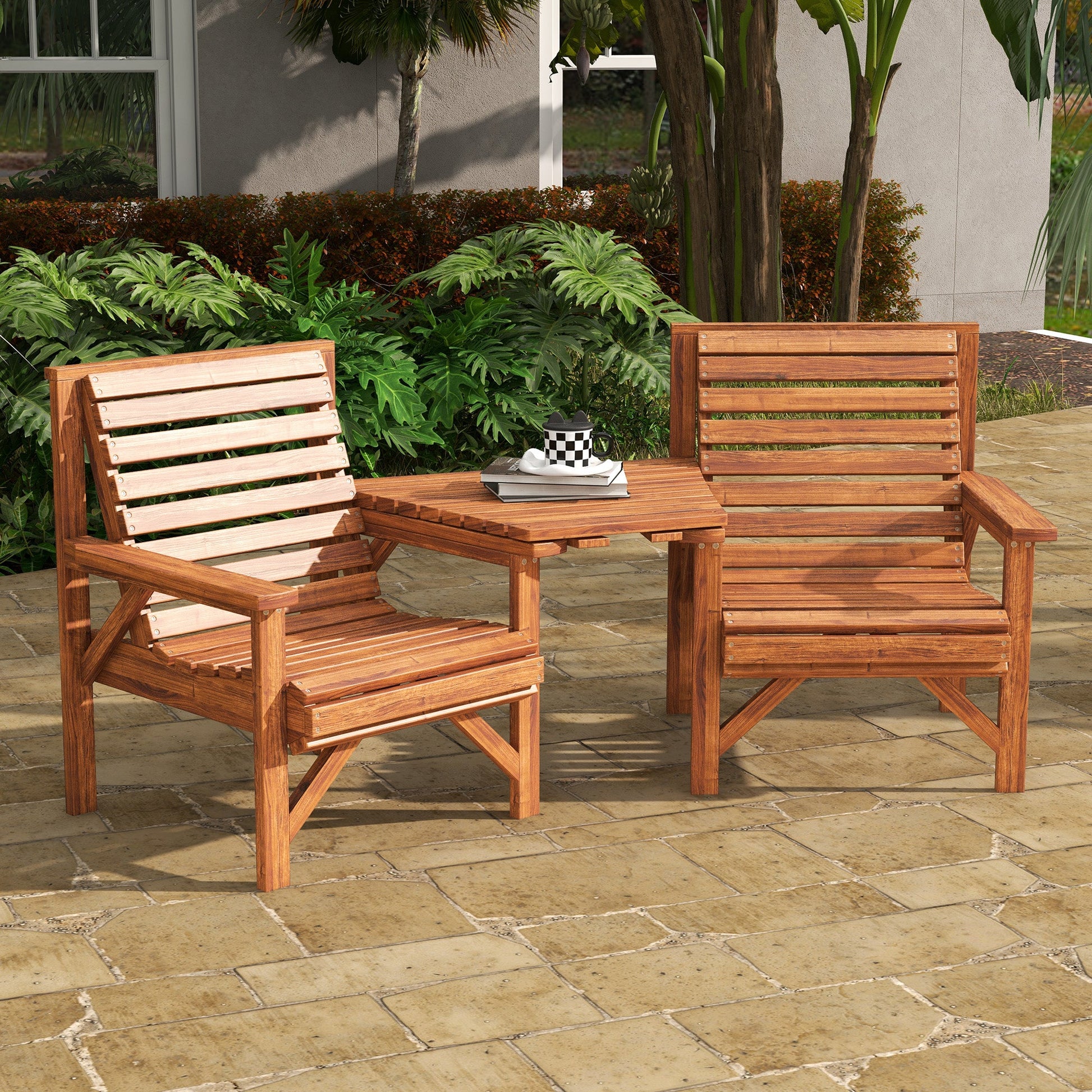 Wooden Garden Love Seat, 2 Seater Jack & Jill Companion Seat with Coffee Table and Parasol Hole, Partner Bench, Table and Chairs Set, Outdoor Furniture for Garden, Balcony, Patio, Tan