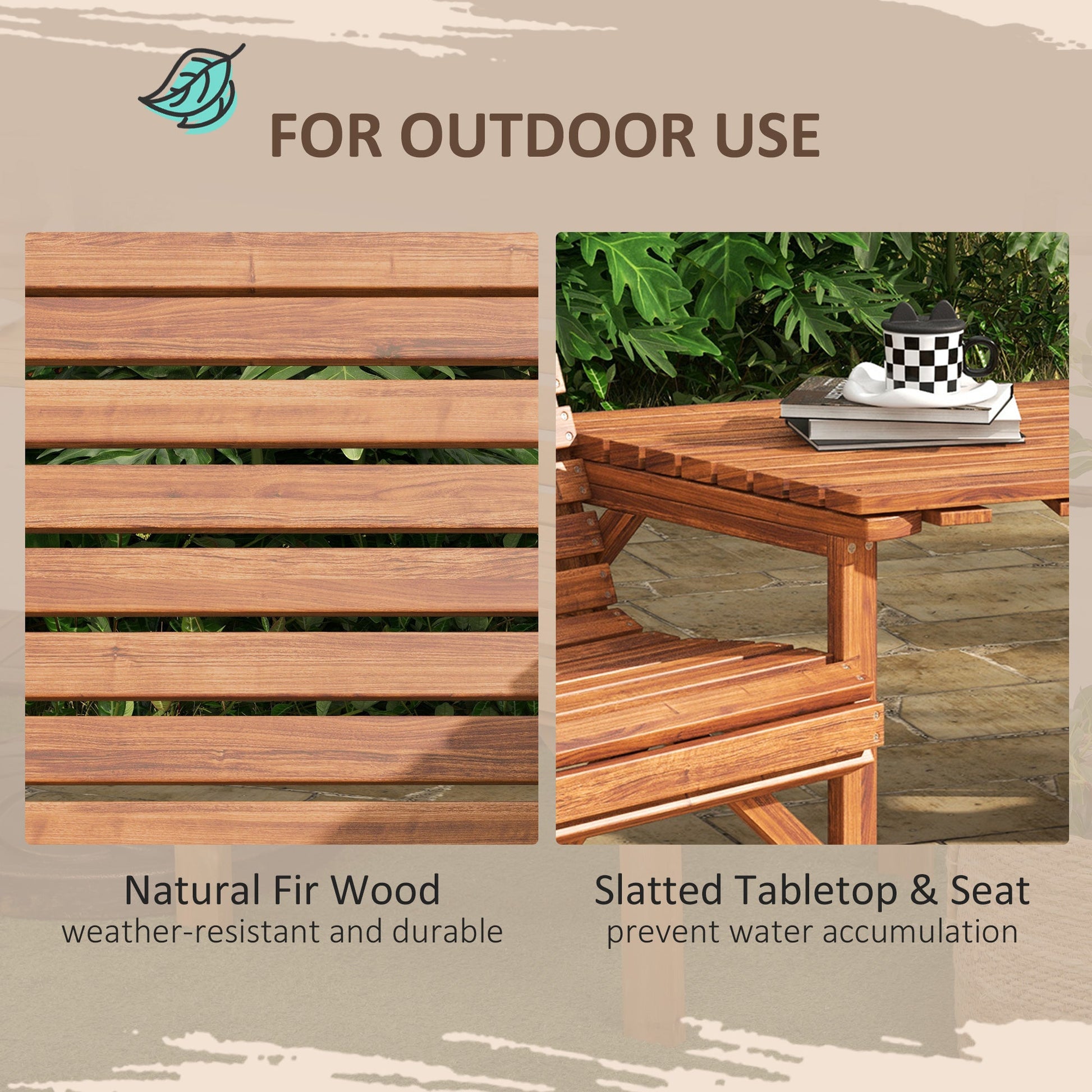 Wooden Garden Love Seat, 2 Seater Jack & Jill Companion Seat with Coffee Table and Parasol Hole, Partner Bench, Table and Chairs Set, Outdoor Furniture for Garden, Balcony, Patio, Tan