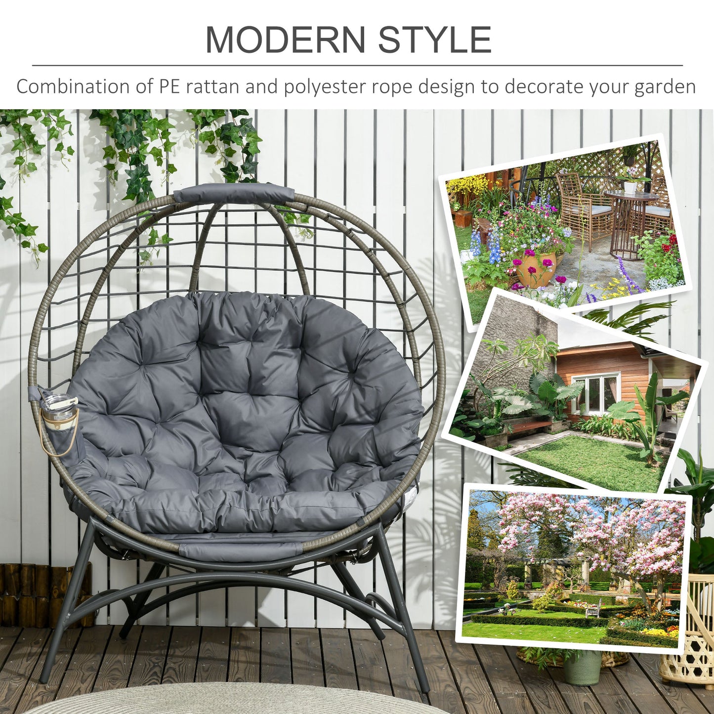 Folding Rattan Egg Chair, Freestanding Basket Chair with Cushion, Bottle Holder Bag for Outdoor or Indoor, Grey