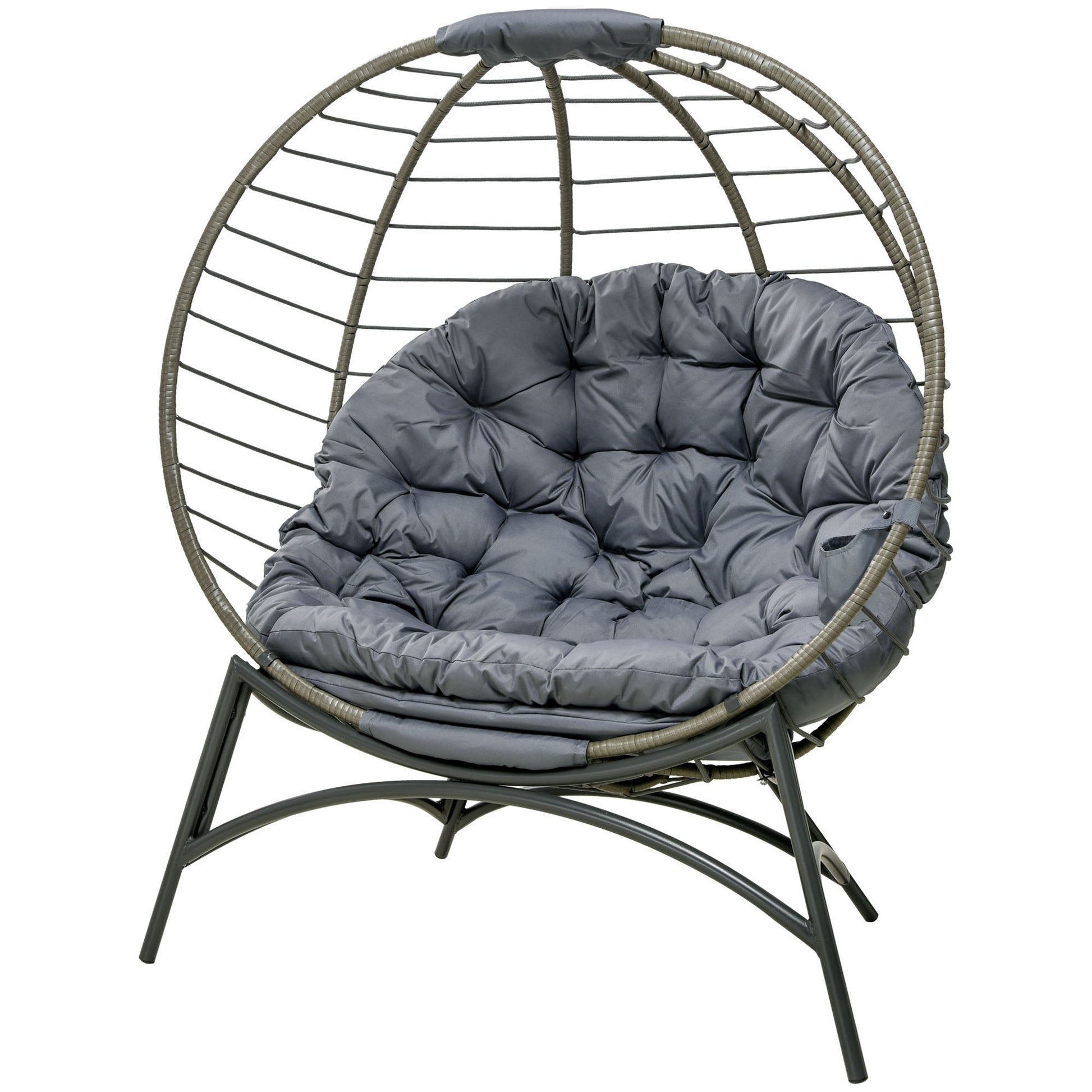 Folding Rattan Egg Chair, Freestanding Basket Chair with Cushion, Bottle Holder Bag for Outdoor or Indoor, Grey