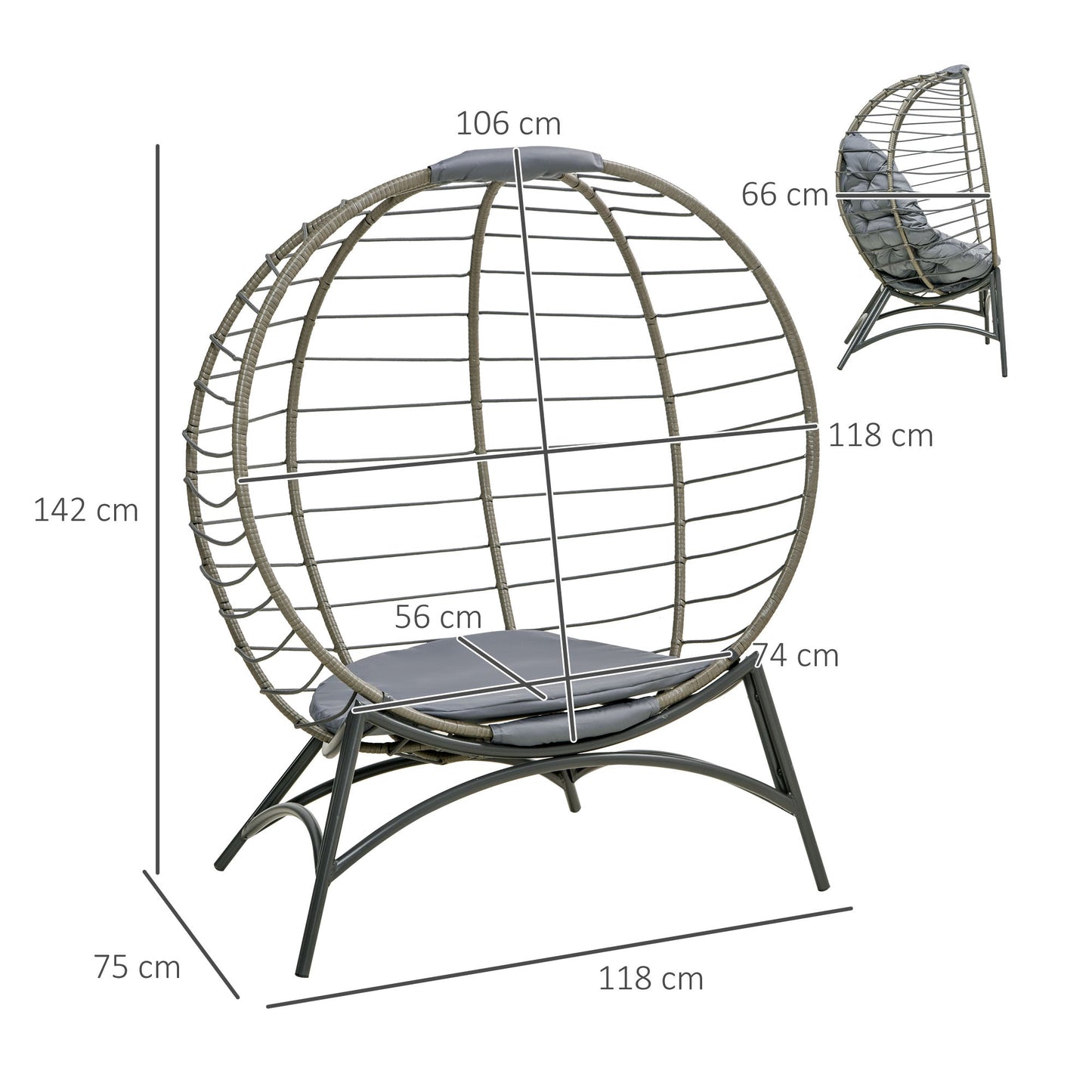 Folding Rattan Egg Chair, Freestanding Basket Chair with Cushion, Bottle Holder Bag for Outdoor or Indoor, Grey